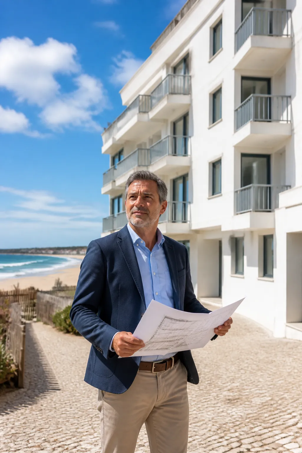 Expert en bâtiment devant une résidence en bord de mer à Hendaye