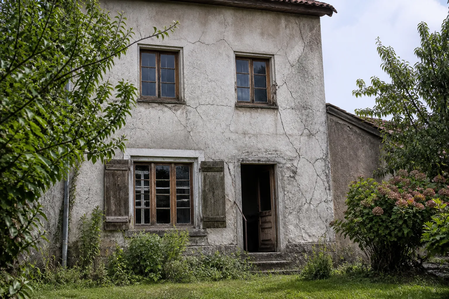 Maison à rénover avec enduit dégradé et menuiseries anciennes