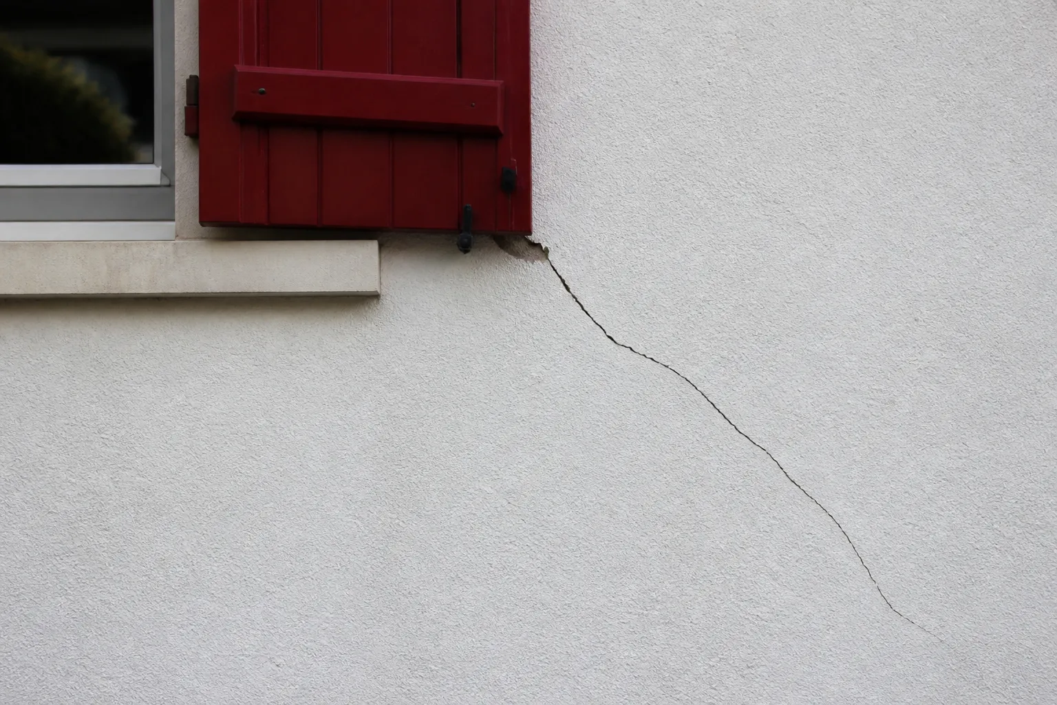 Fissure oblique depuis l’angle d’une fenêtre sur un mur blanc
