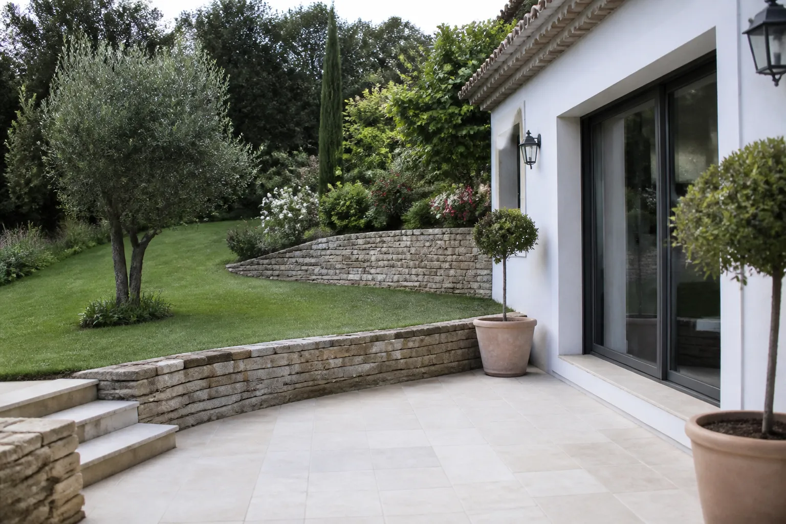Jardin en pente avec muret et terrasse