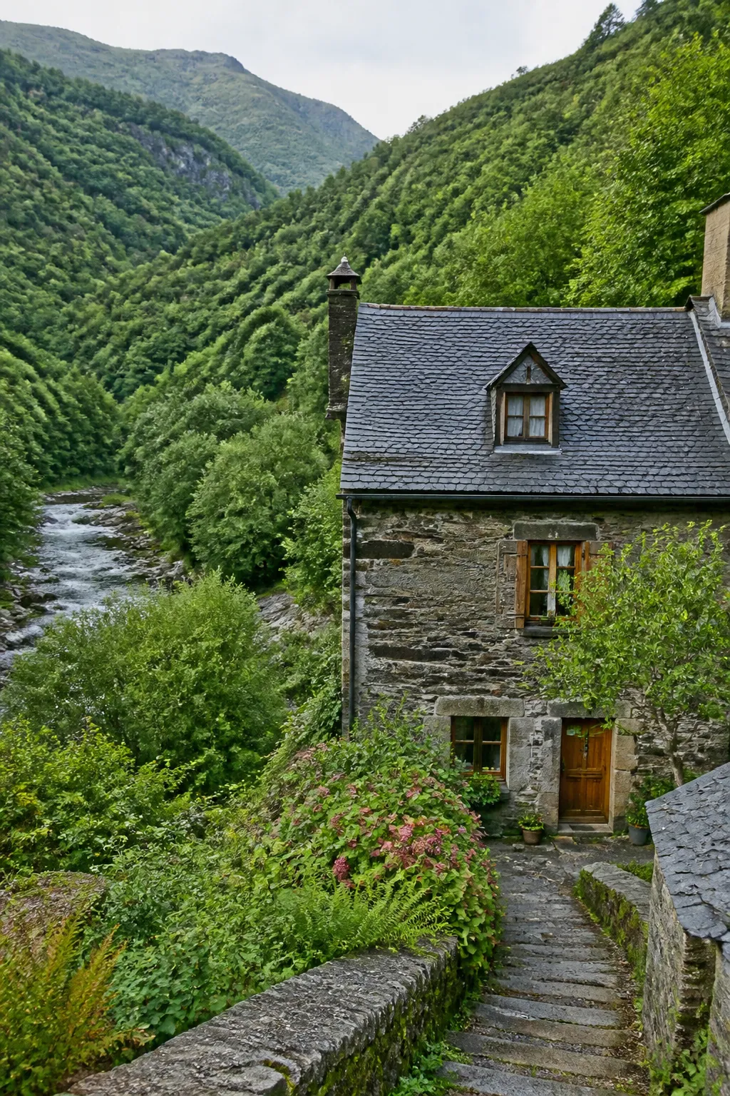 Maison ancienne en pierre dans une vallée pyrénéenne avant un achat