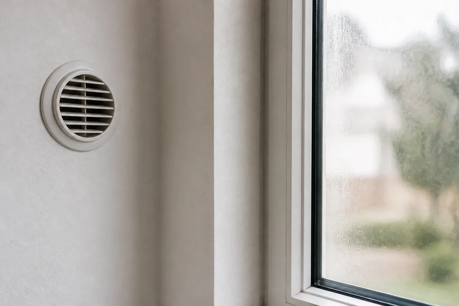 Bouche de ventilation et traces de condensation près d’une fenêtre