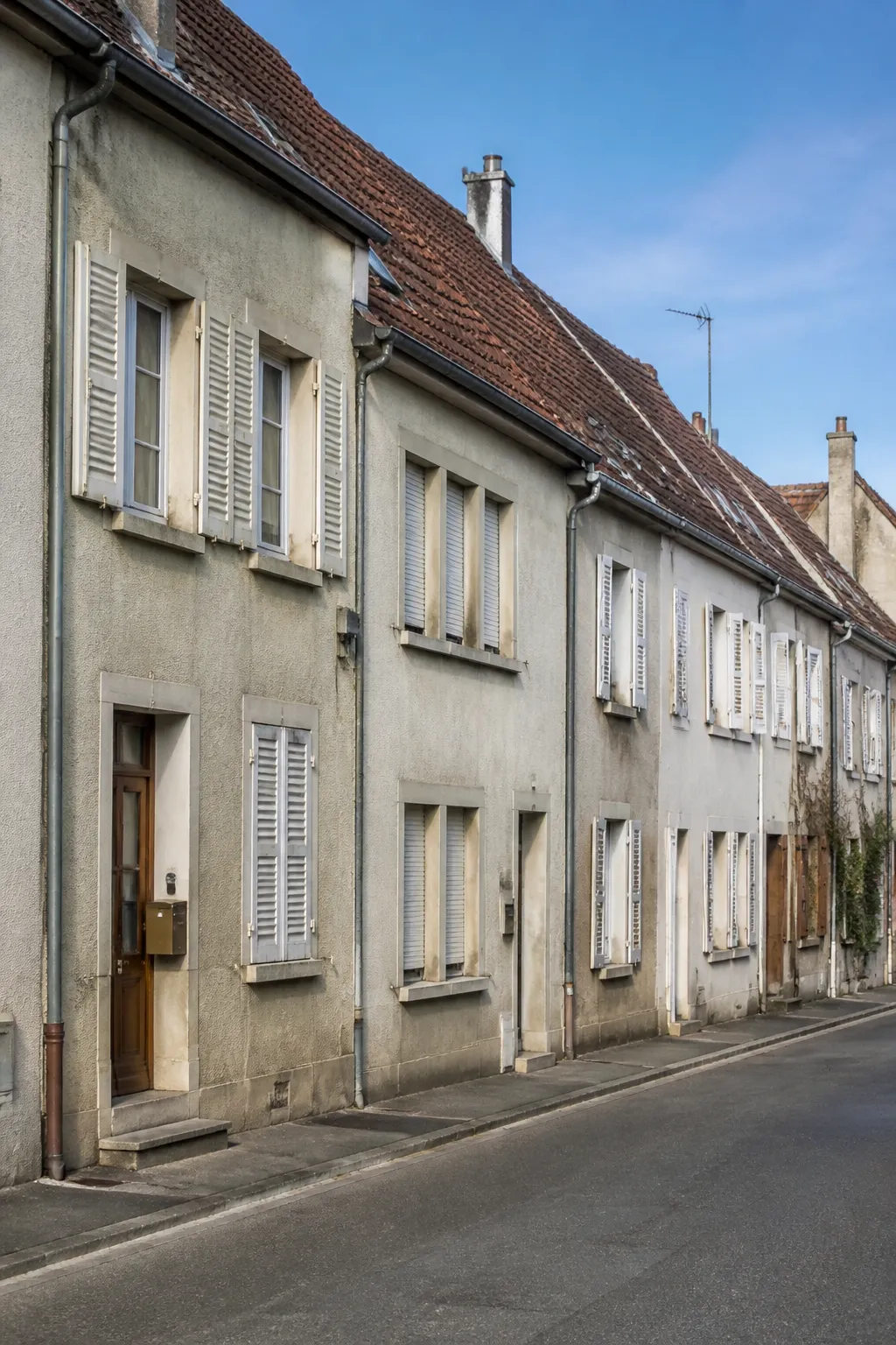 Rangée de maisons mitoyennes anciennes dans une rue de Bischheim avant un achat