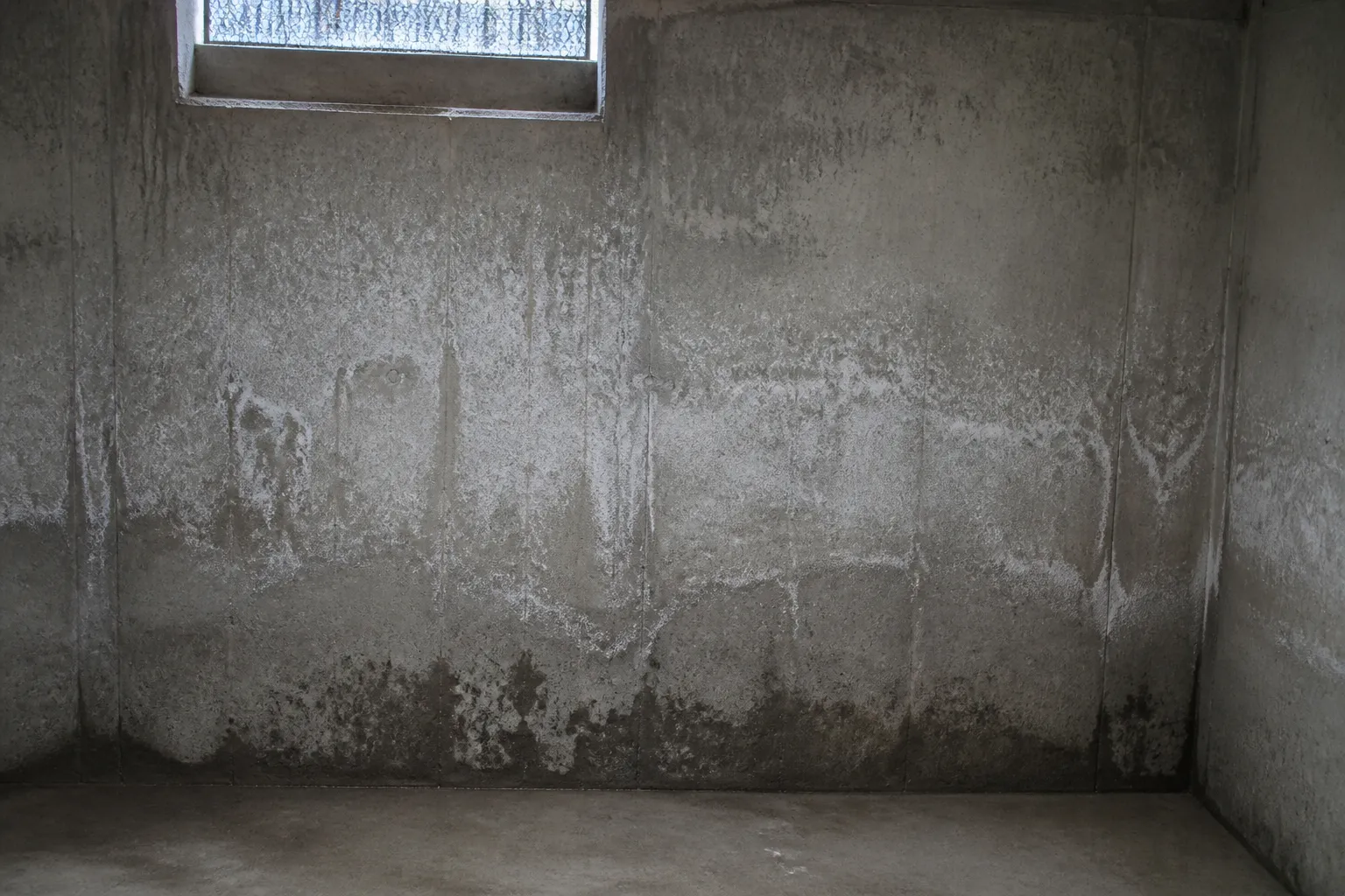 Mur de sous-sol avec efflorescences blanches et traces d’humidité