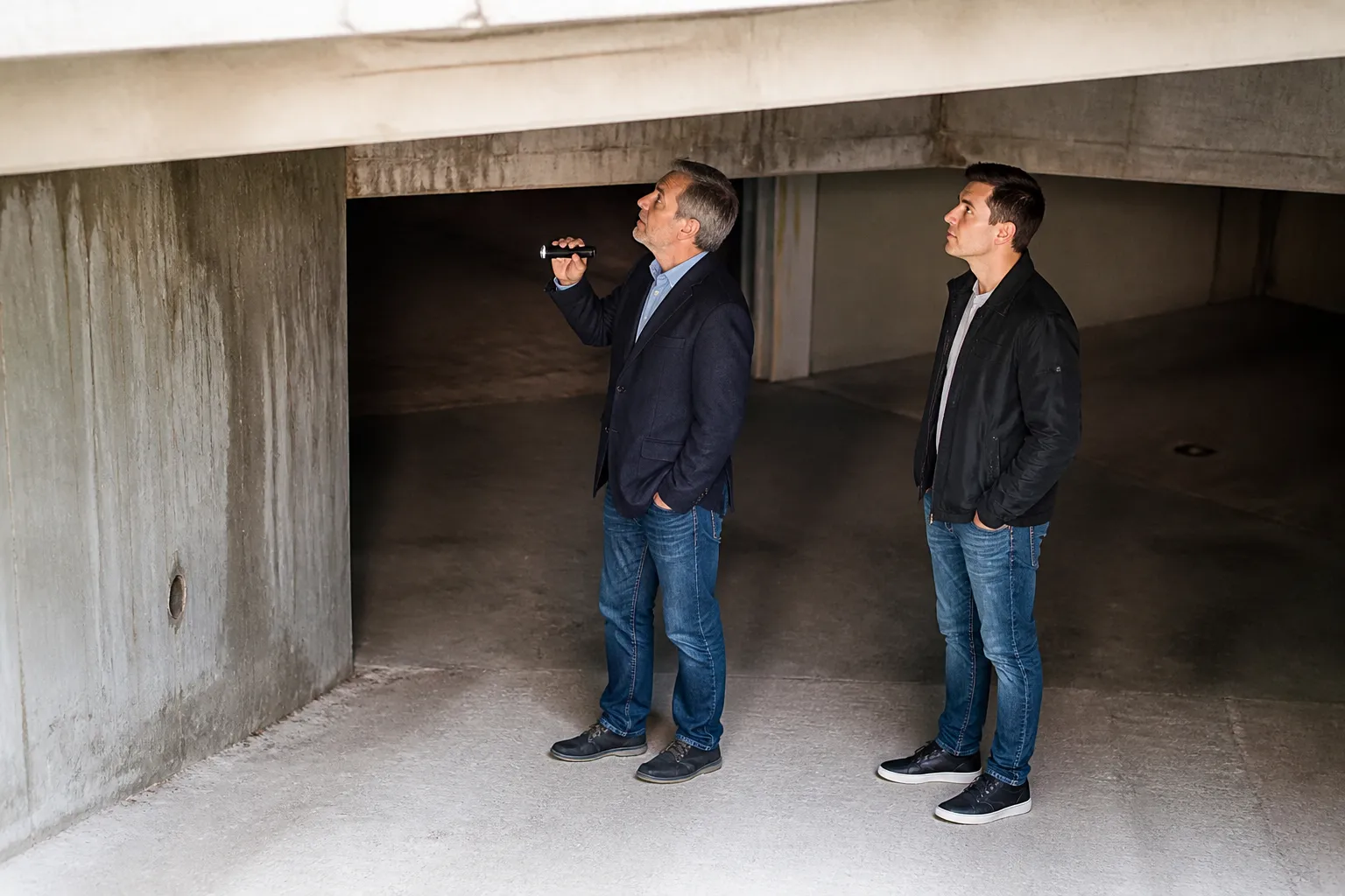 Acheteur et expert examinant un garage enterré