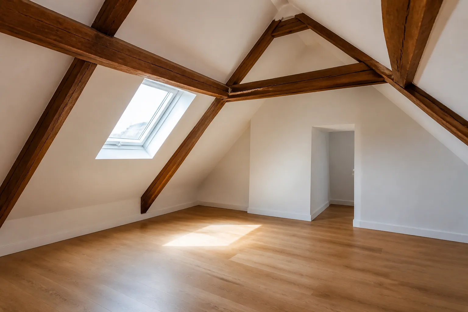 Appartement mansardé avec poutres apparentes sous une toiture