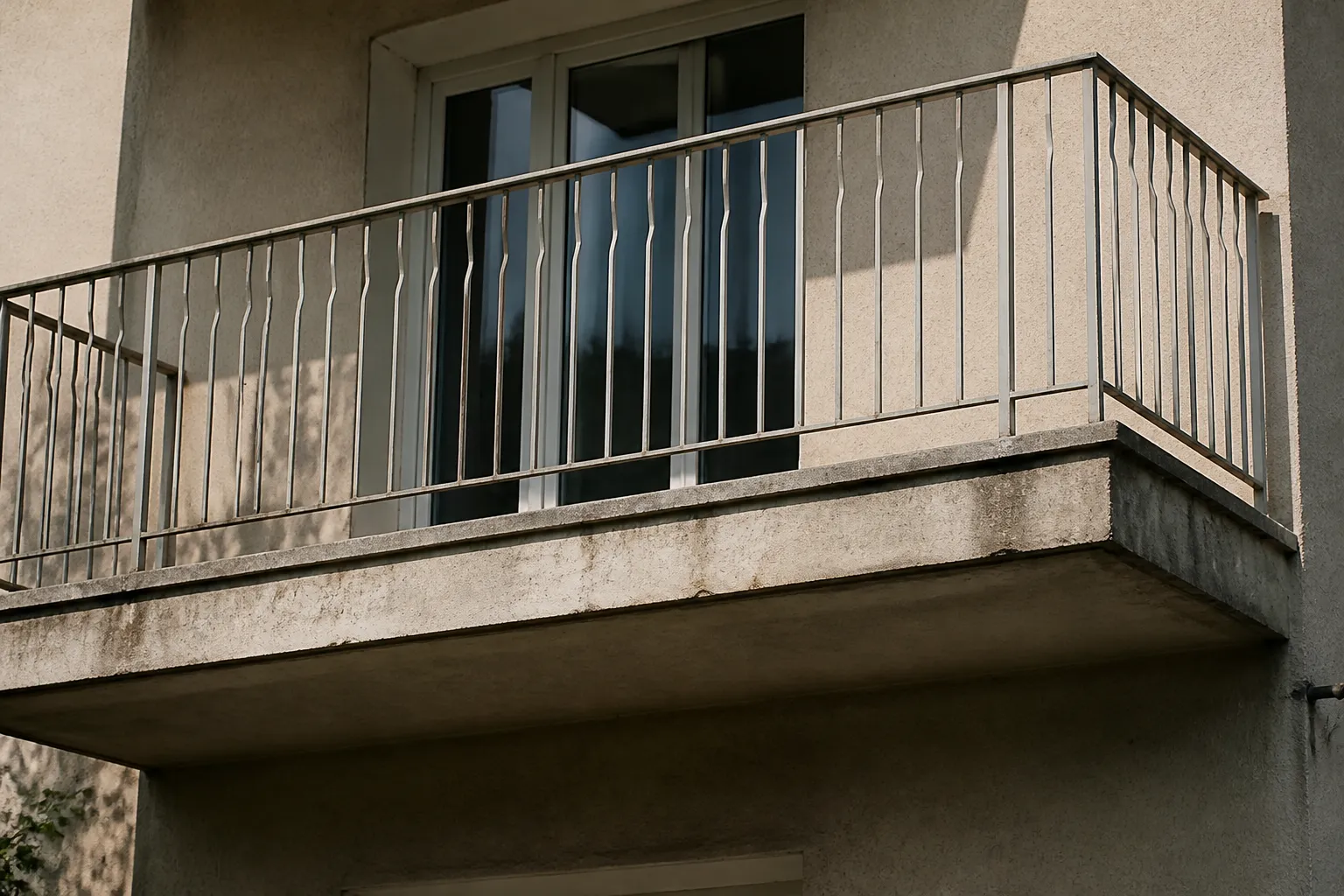 Balcon en béton avec garde-corps métallique vu de près