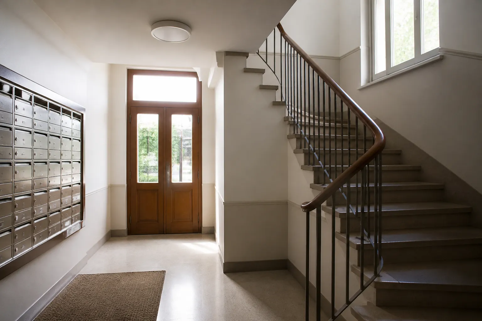 Hall d’entrée et cage d’escalier d’un immeuble collectif