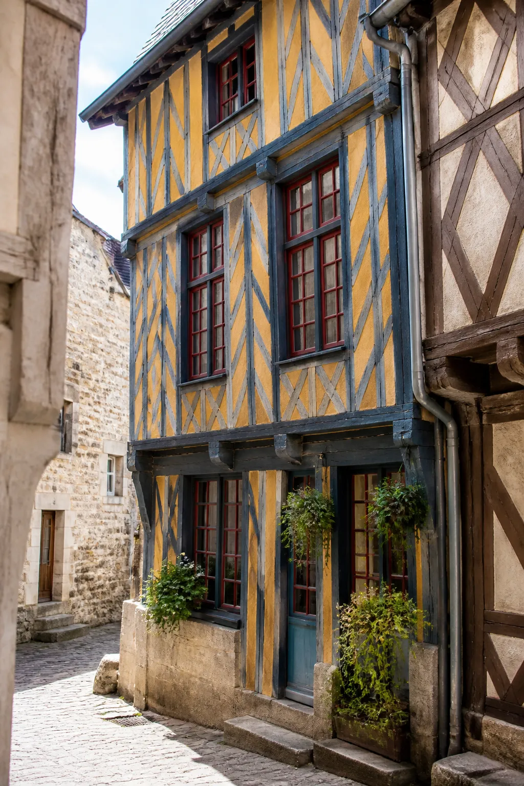 Maison ancienne à pans de bois et façade colorée dans un centre historique