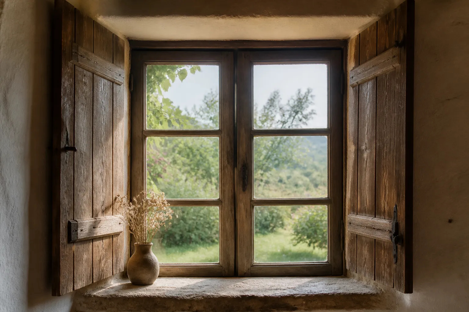 Fenêtre ancienne en bois vue de l’intérieur avec appui de pierre