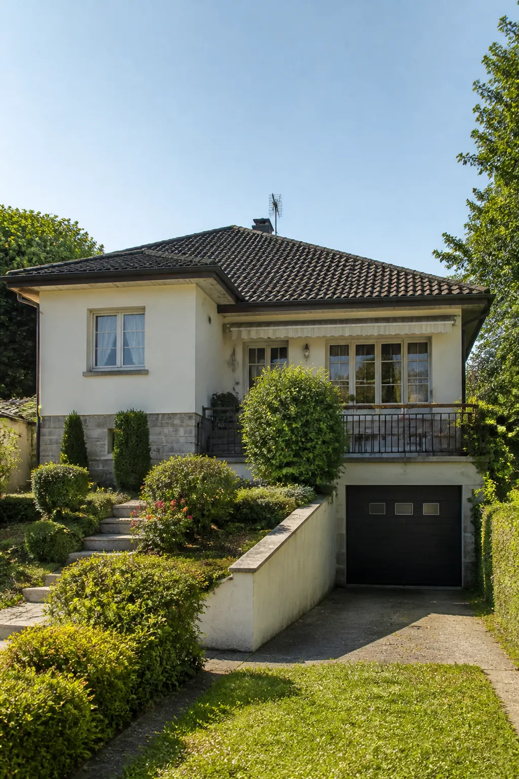 Pavillon avec jardin et porte de garage en sous-sol
