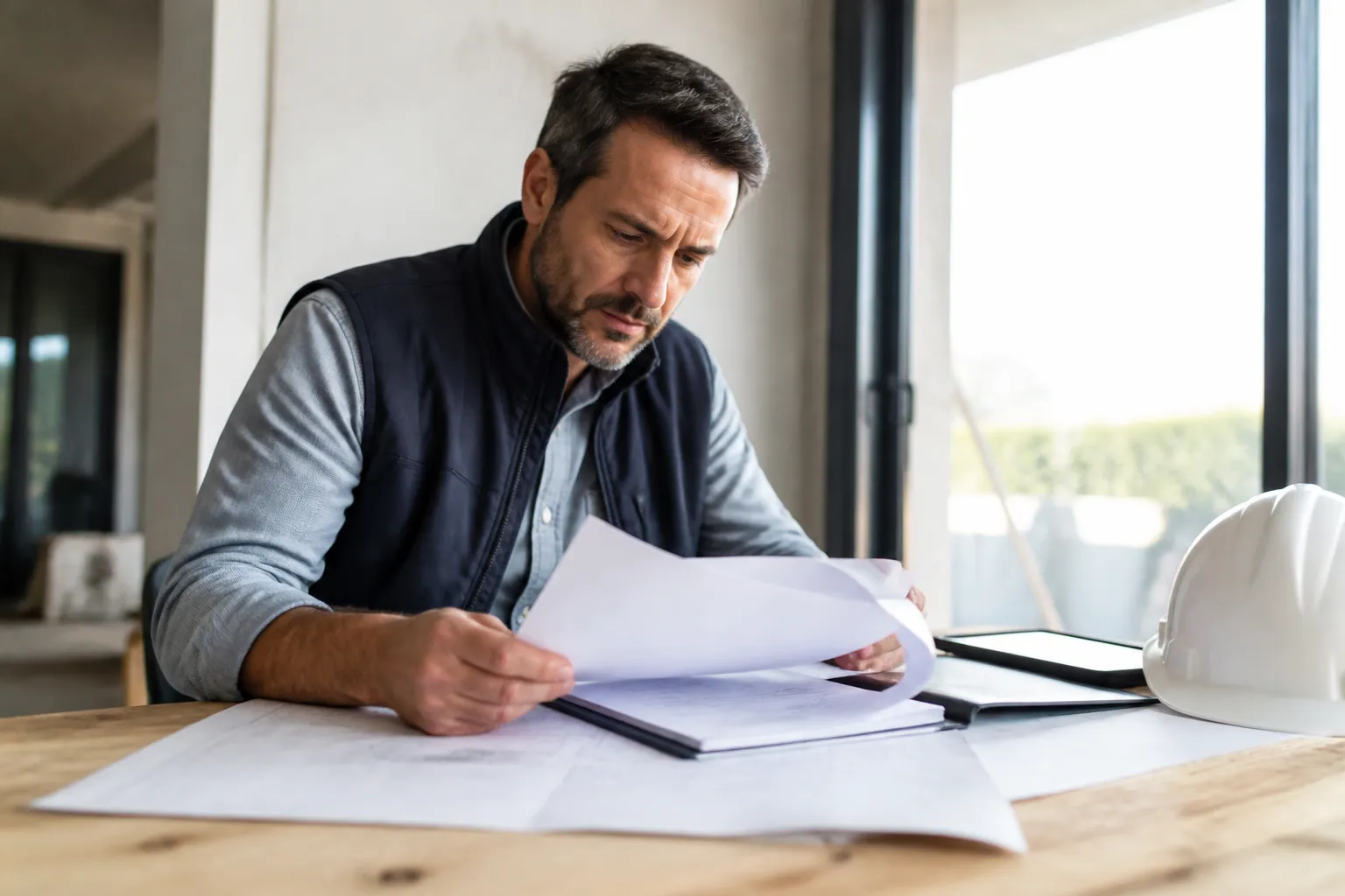 Expert lisant un état des risques avant une visite