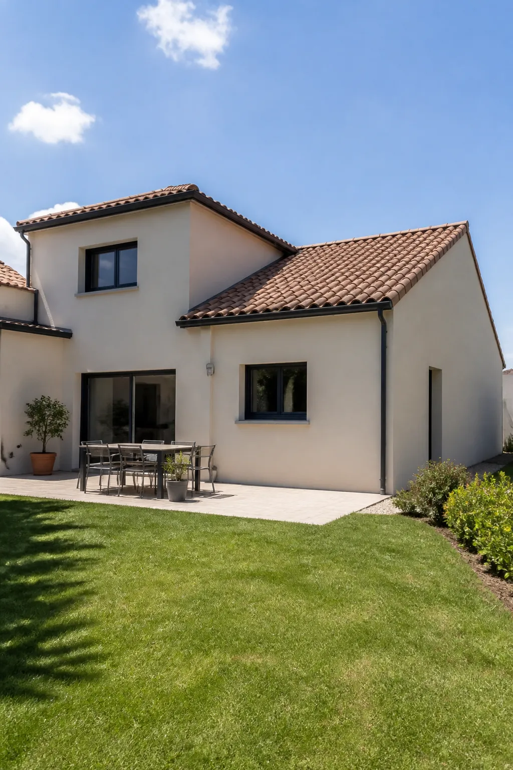 Maison individuelle récente avec jardin et façade claire