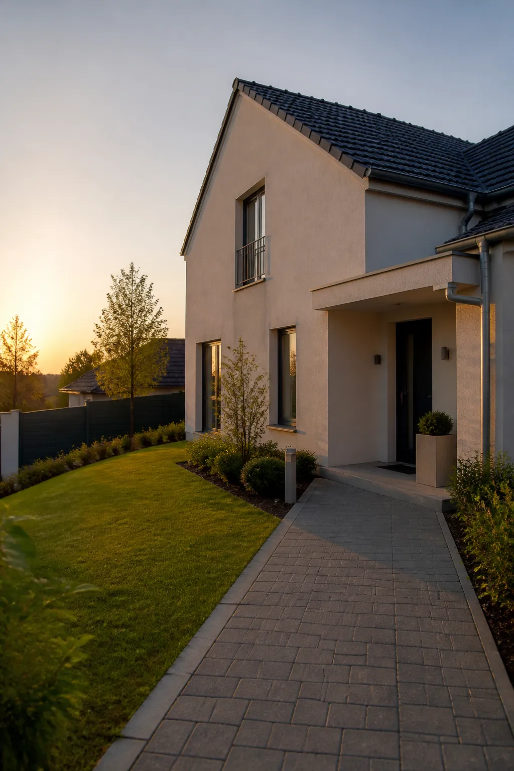 Maison individuelle avec jardin en légère pente et allée pavée