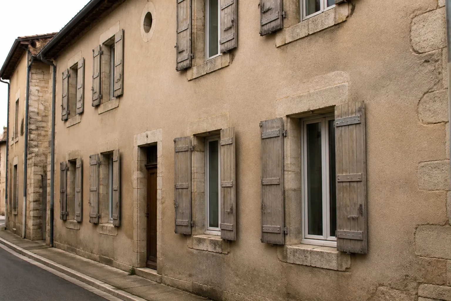 Façade ancienne enduite avec encadrements de fenêtres en pierre