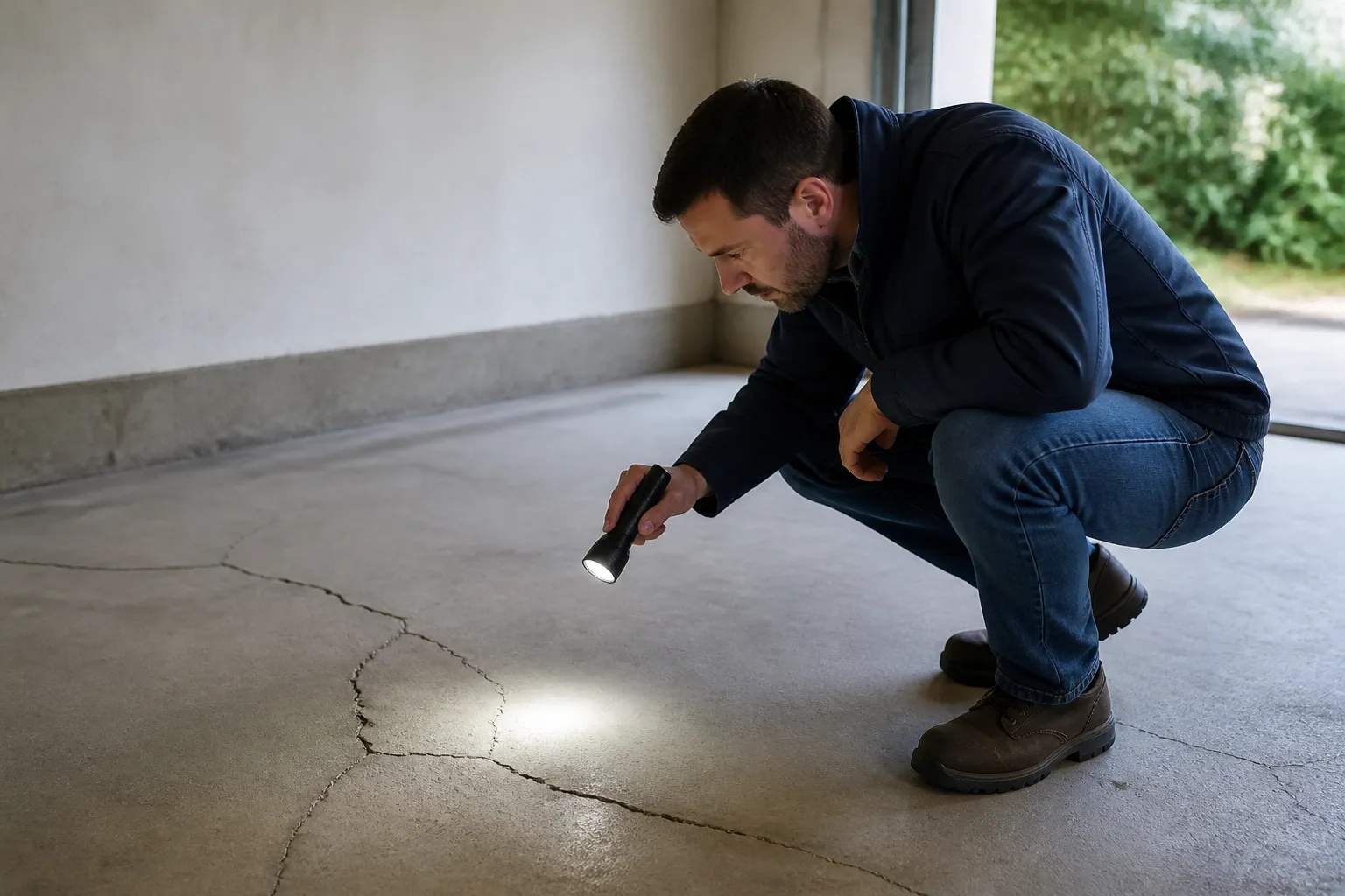 Expert observant une fissure sur un dallage de garage
