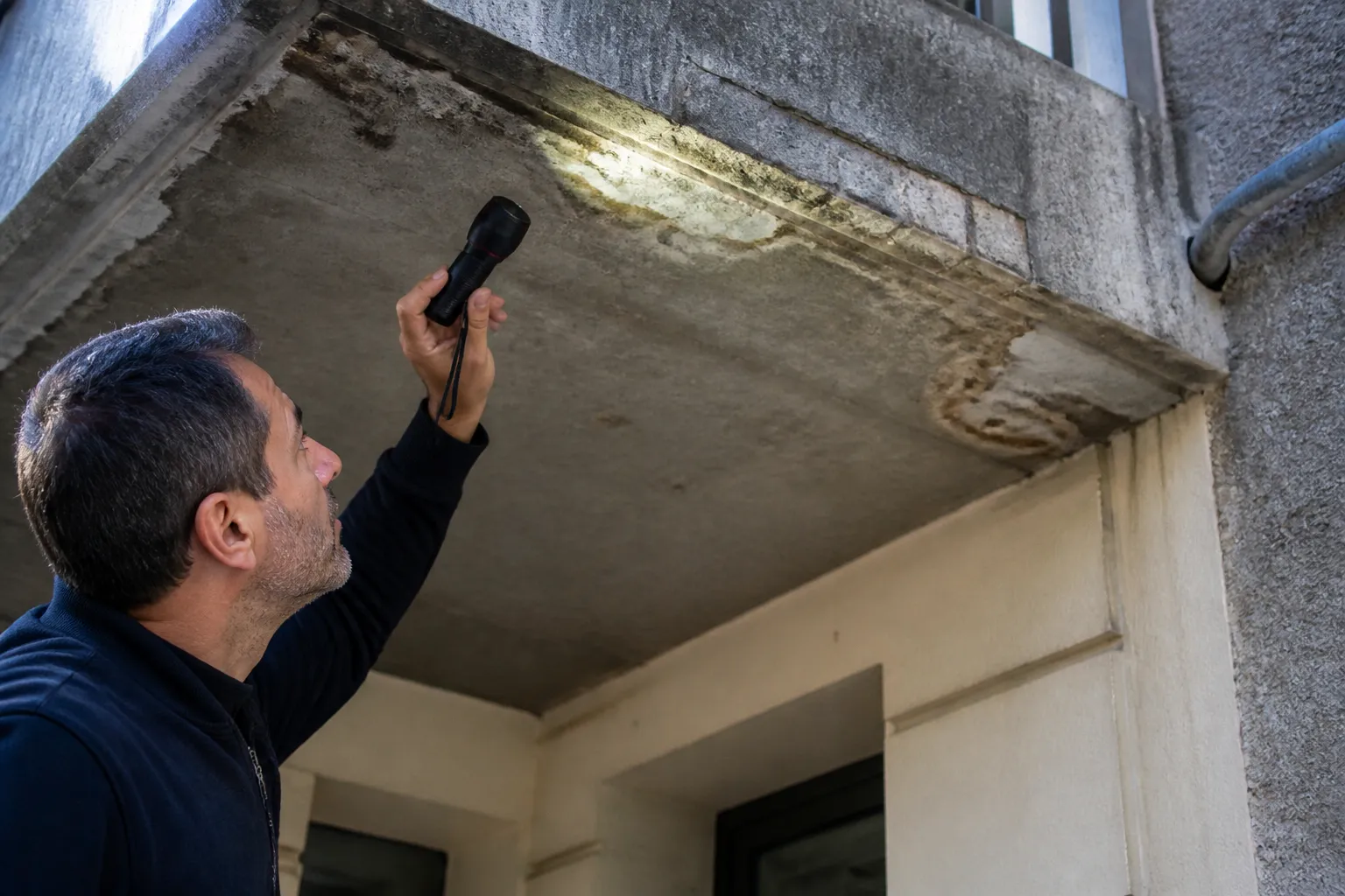 Expert examinant un balcon en béton