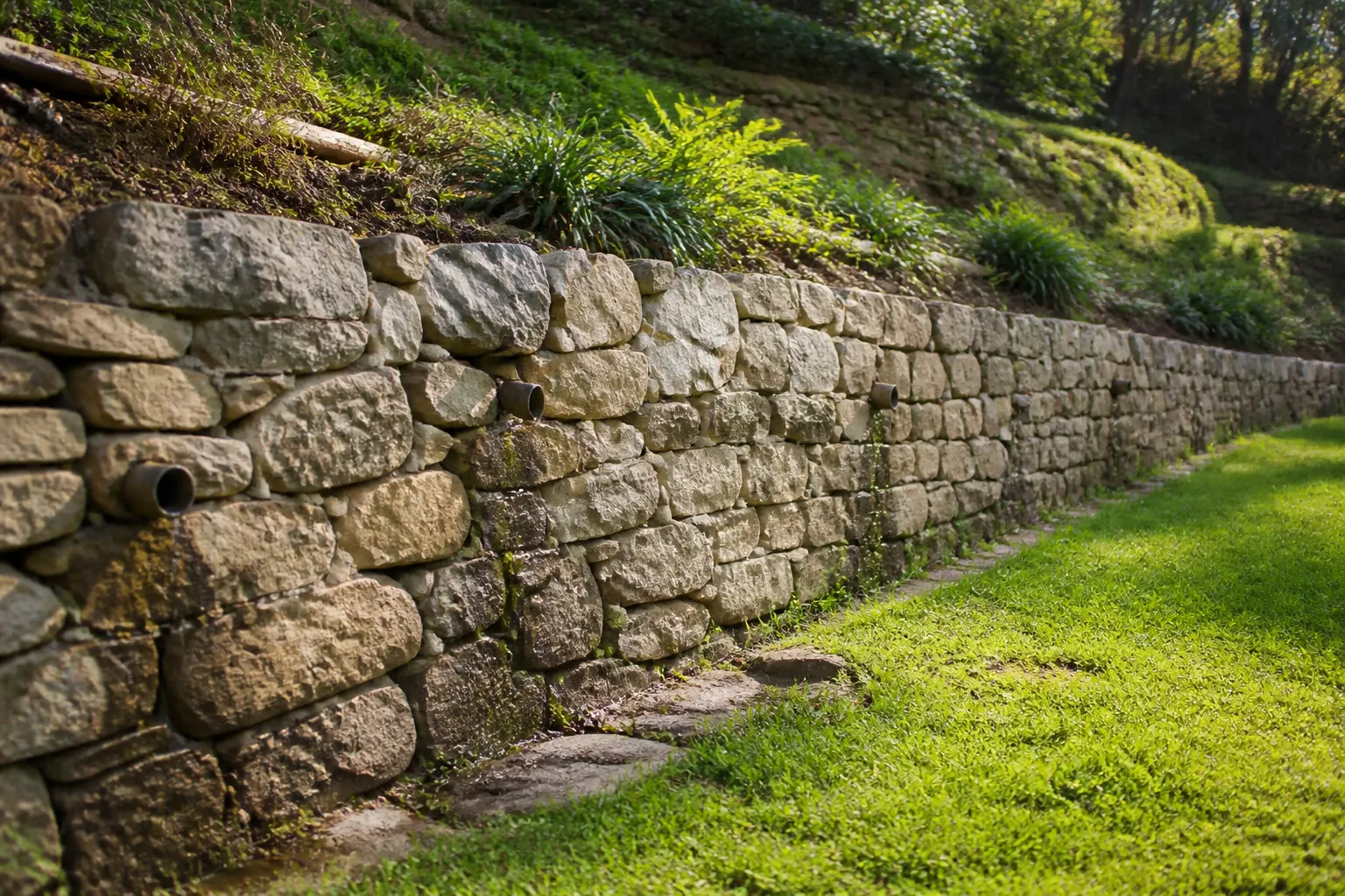 Mur de soutènement en pierre avec barbacanes