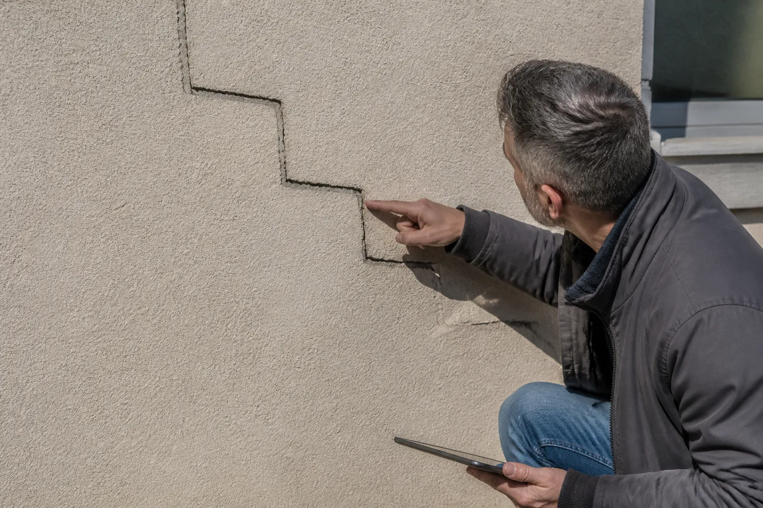 Expert observant une fissure en escalier sur un mur