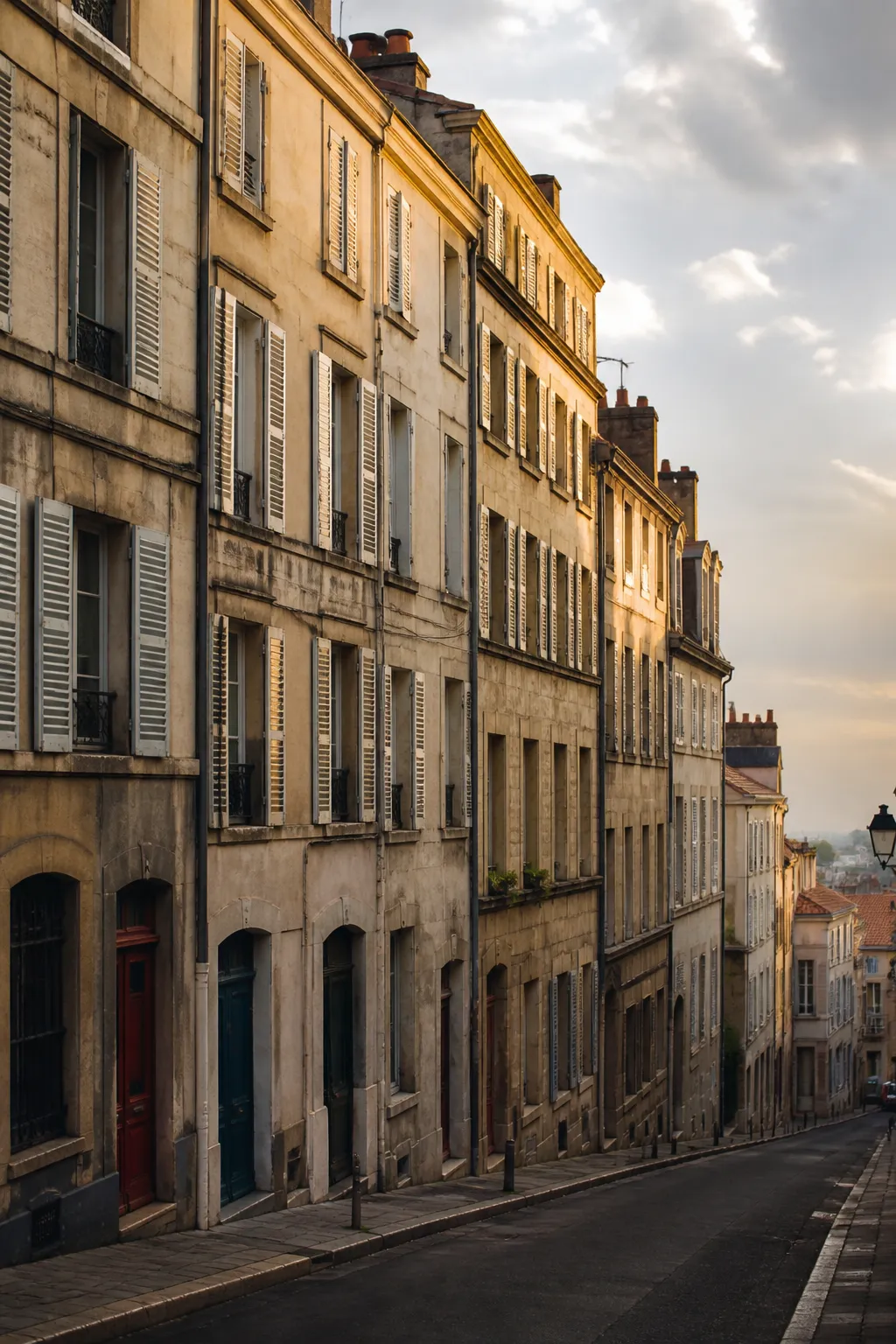 Façades d’immeubles anciens aux fenêtres hautes dans une rue en pente