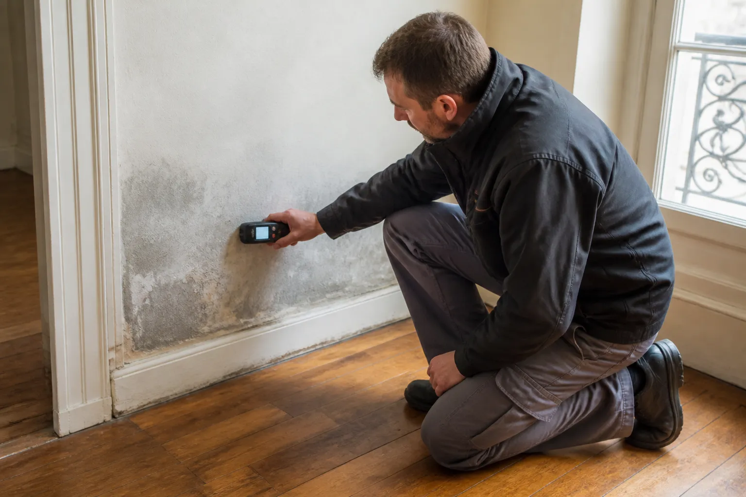 Expert mesurant l’humidité d’un mur dans un appartement