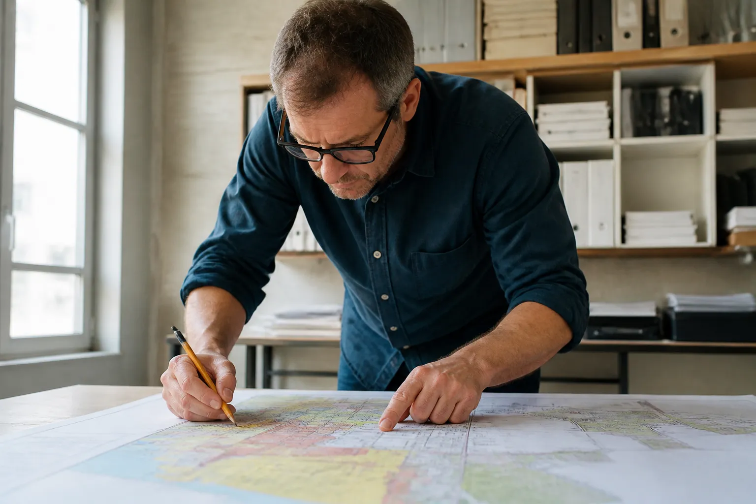 Expert consultant un plan de zonage sur une table