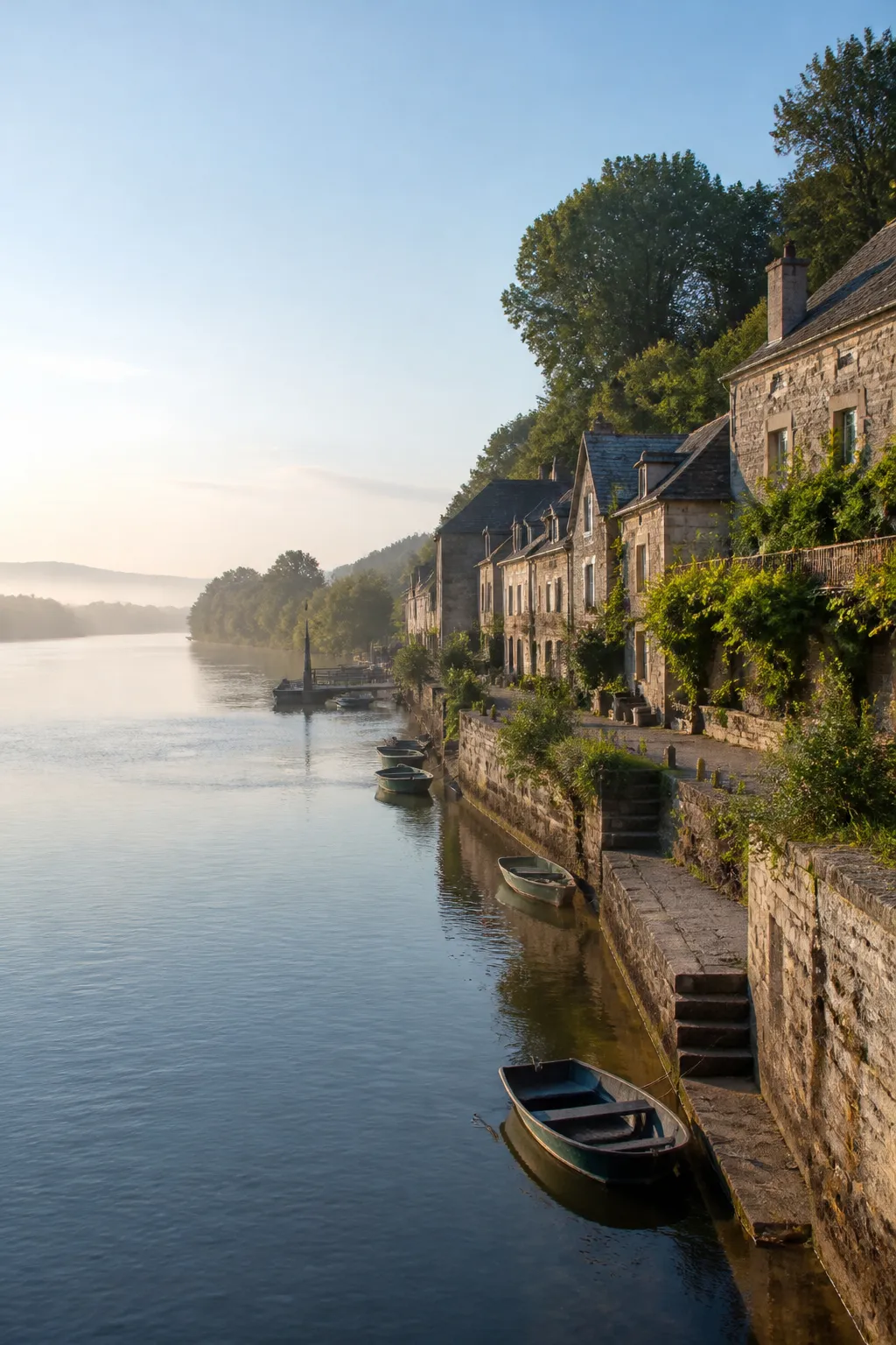 Maisons anciennes en pierre au bord d’une rivière