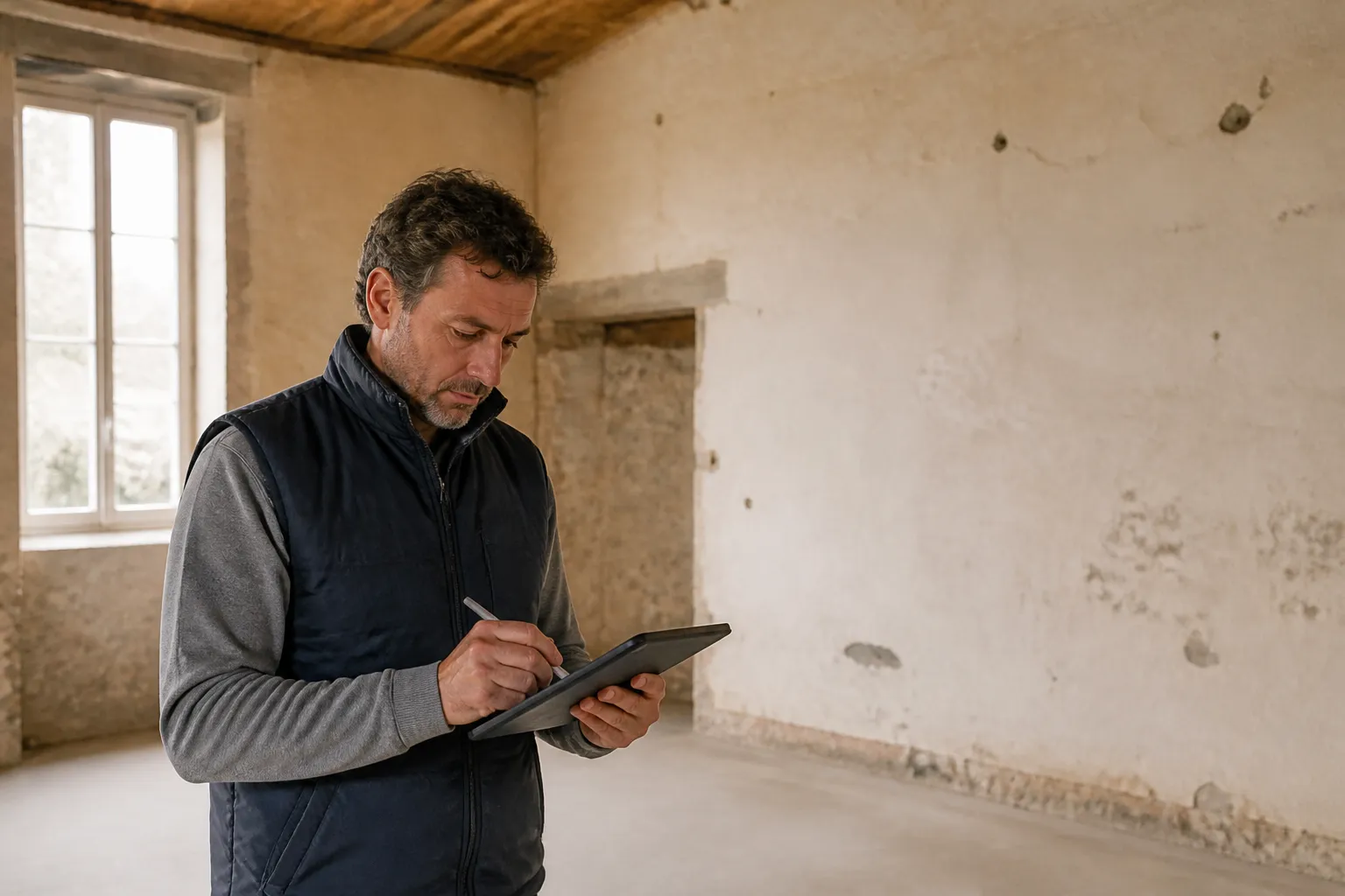 Expert notant ses constats dans une maison vide