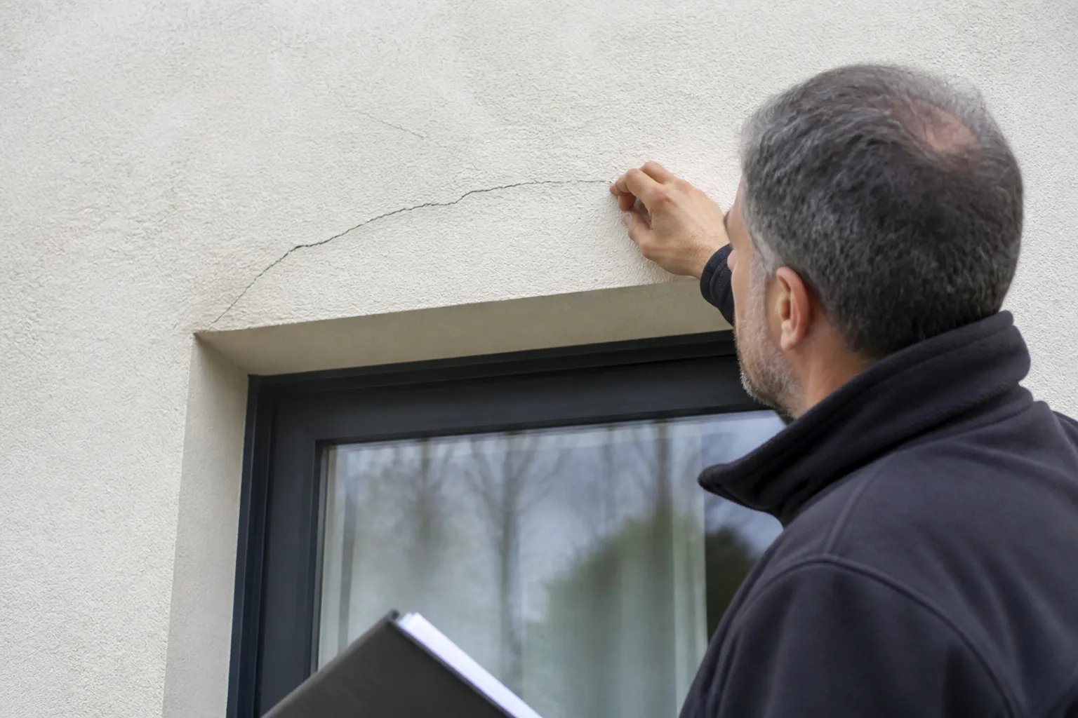 Expert observant une fissure au-dessus d’une fenêtre