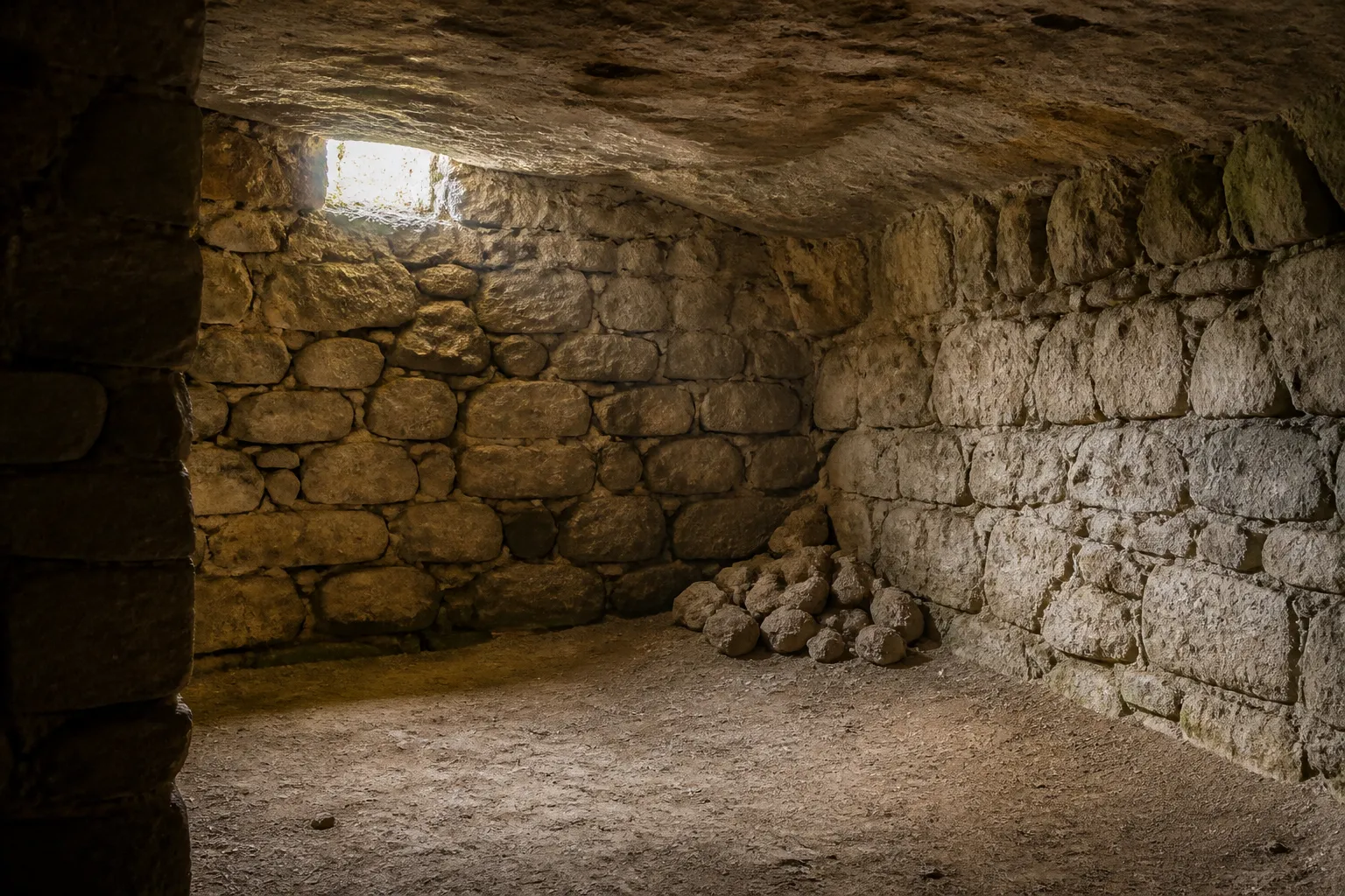 Cave avec sol en terre battue et mur en pierre