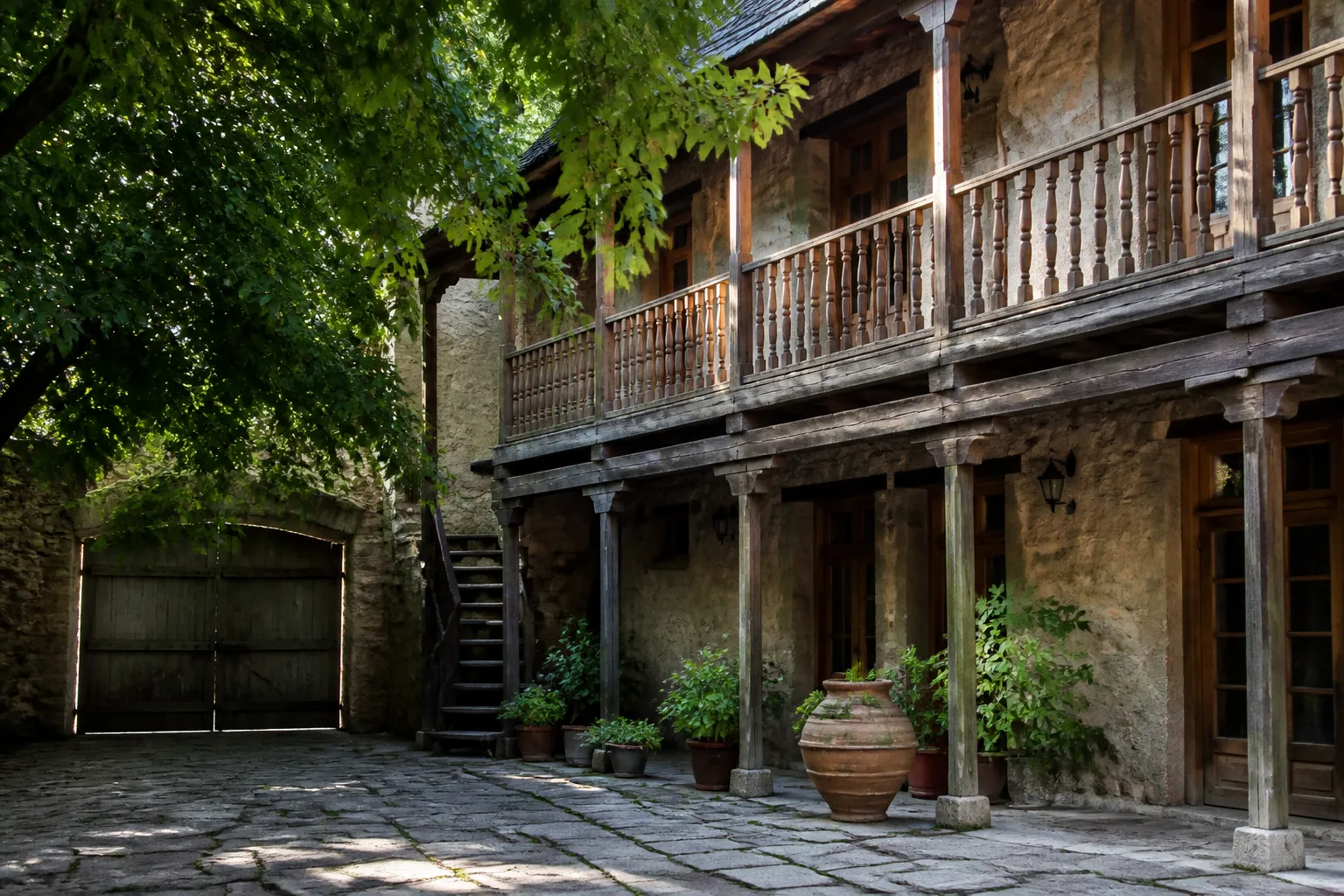 Arrière-cour avec galerie en bois et façades en pierre