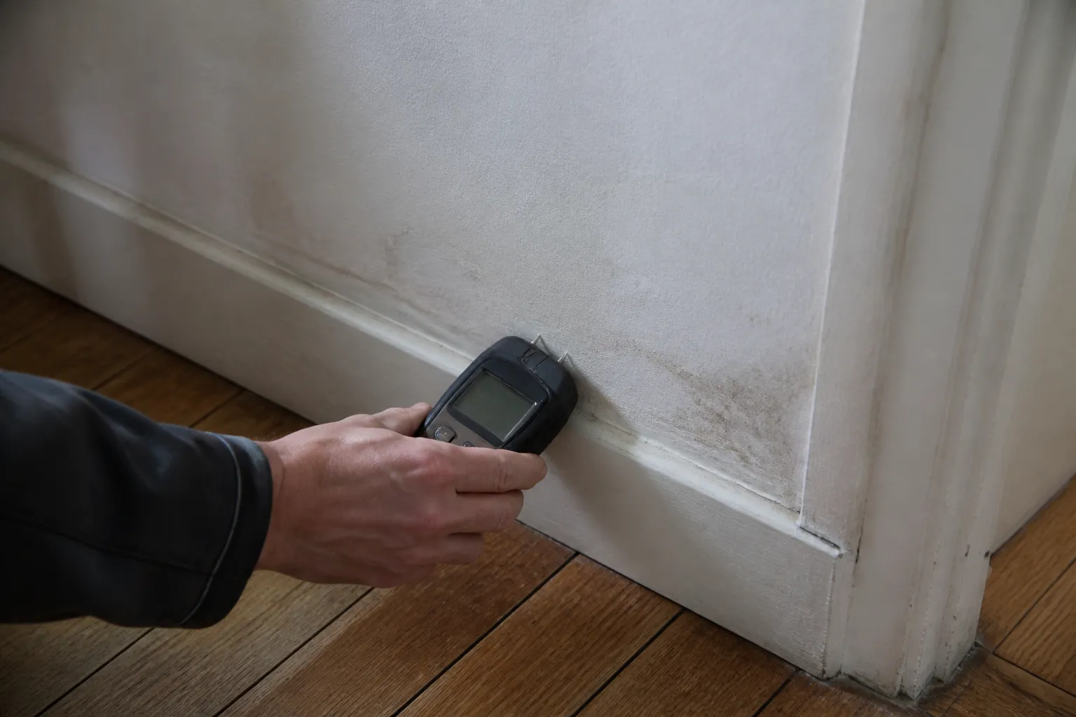 Expert mesurant l’humidité d’un mur avec un humidimètre