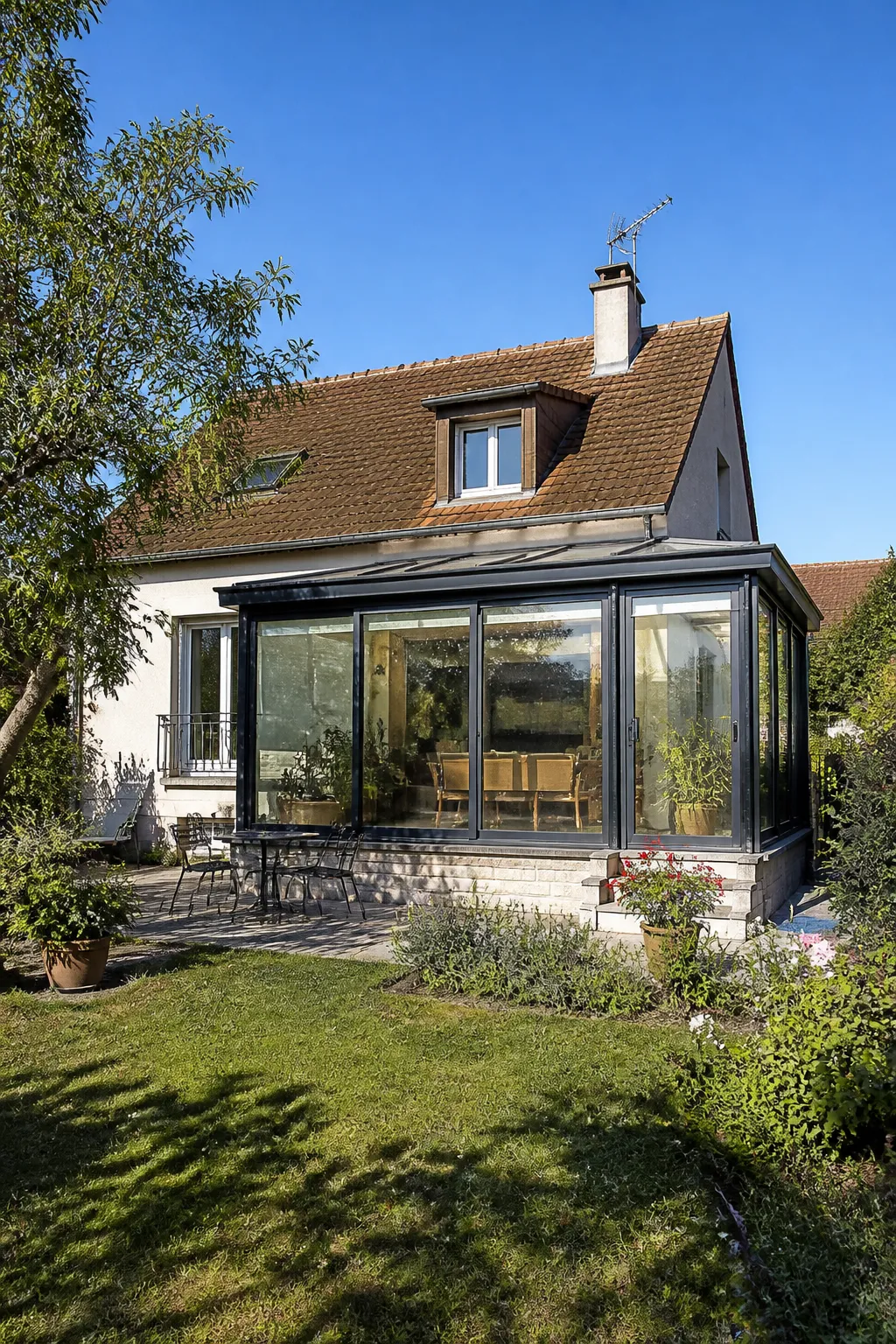 Pavillon avec jardin et véranda dans une petite ville
