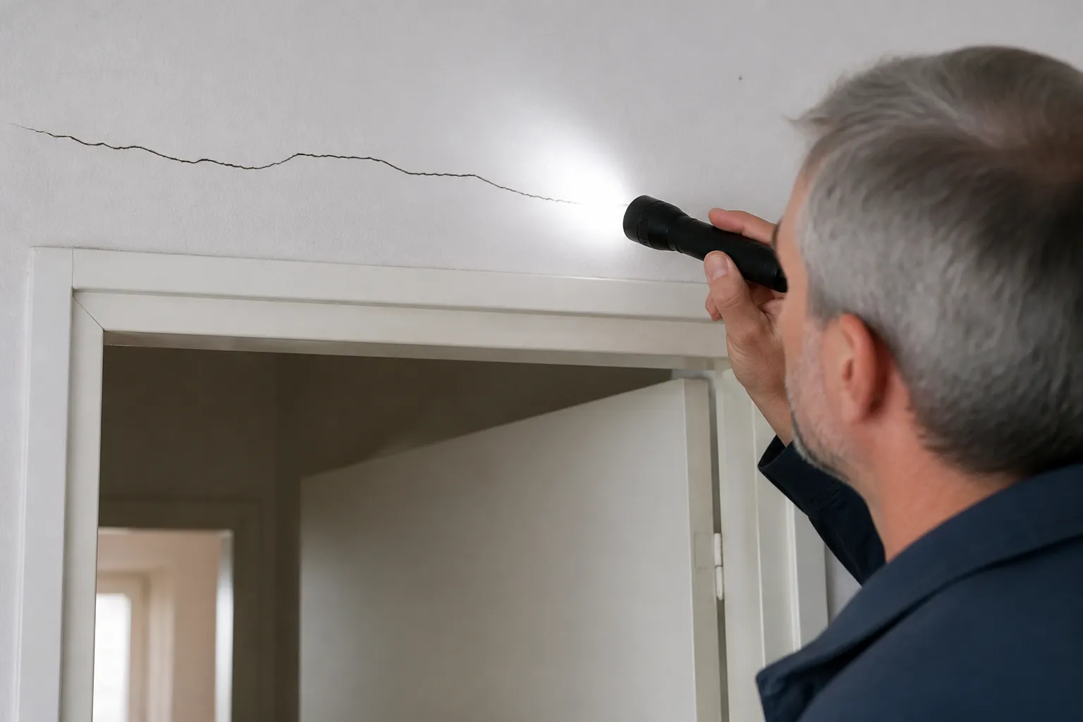 Expert observant une fissure intérieure avec une lampe