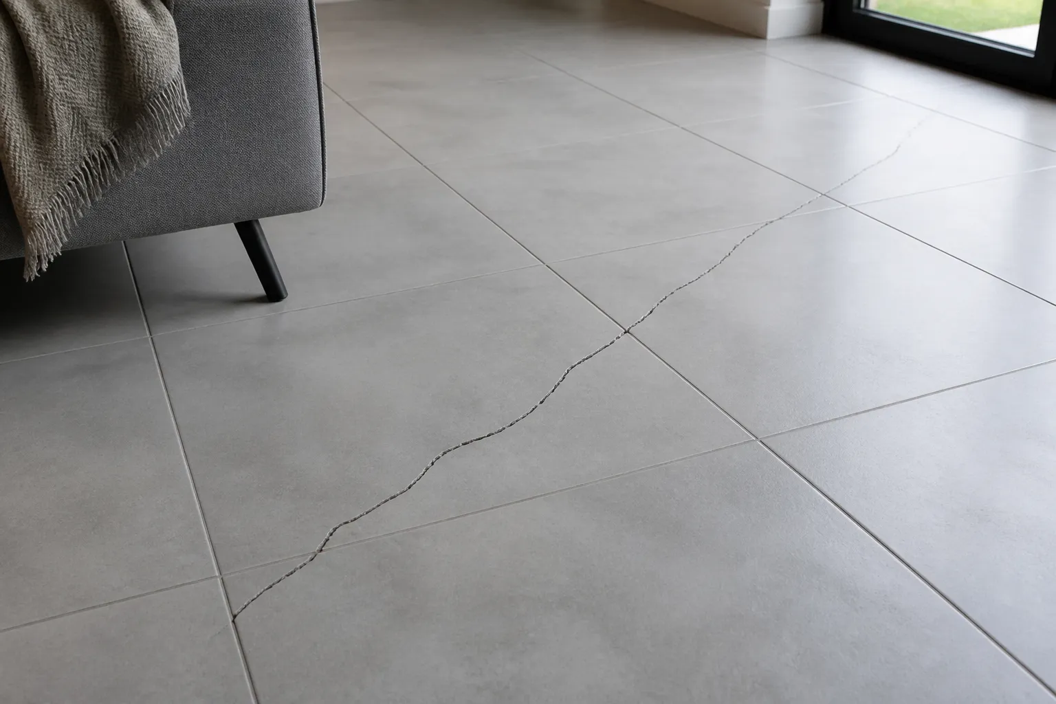 Carrelage fissuré dans une pièce de maison sur dalle