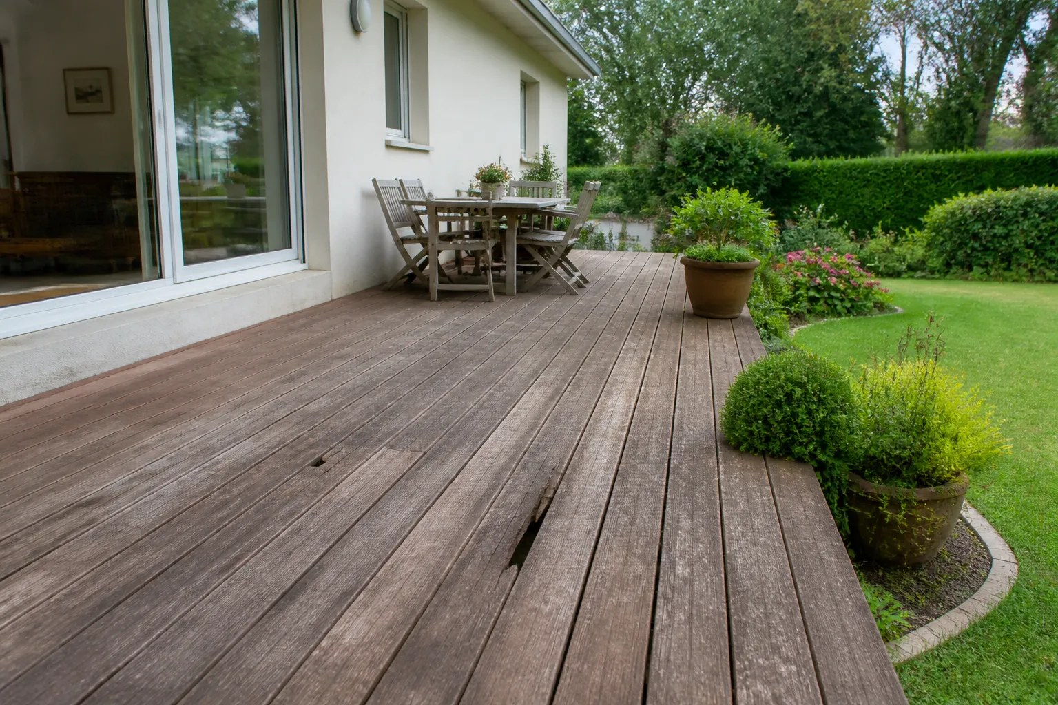 Terrasse en bois au pied d’une maison