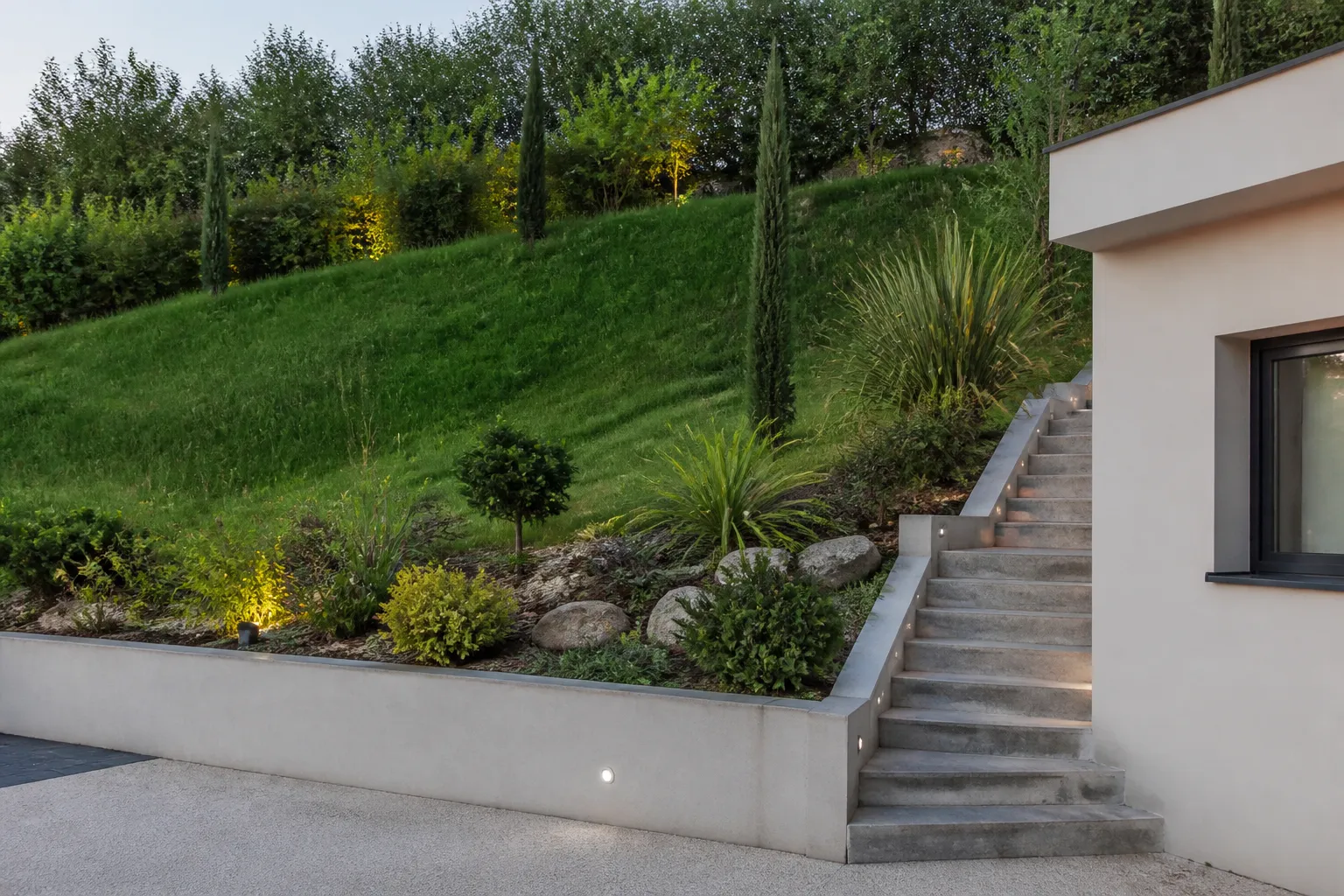 Talus et jardin en pente au-dessus d’une maison