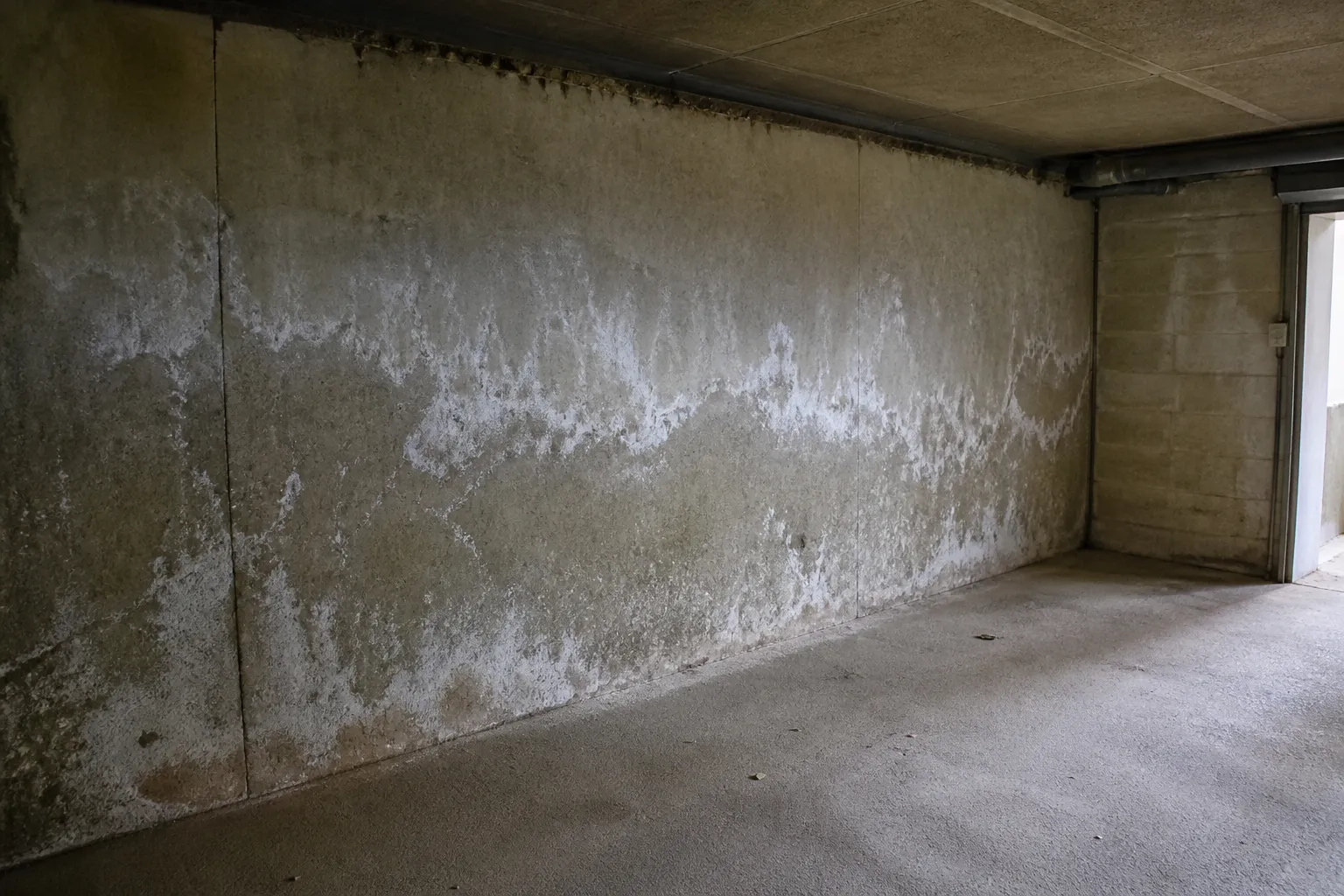 Garage en sous-sol avec trace d’humidité sur un mur enterré