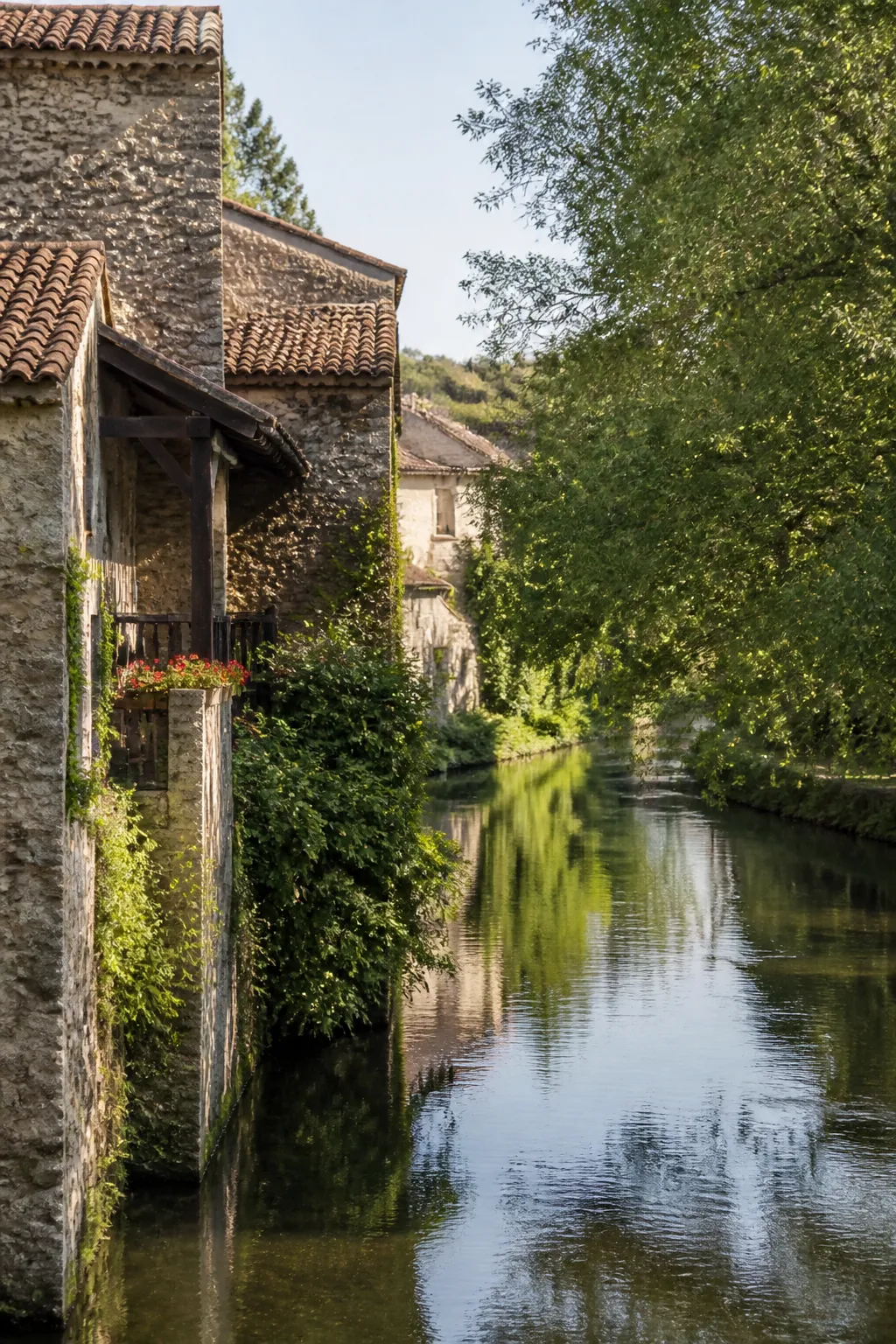 Maison ancienne en pierre au bord d’une rivière calme