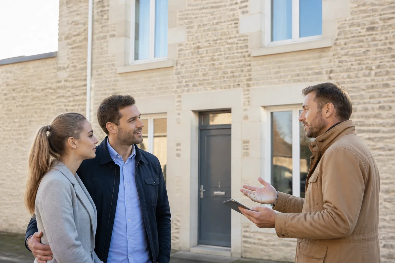 Jeune couple et expert devant une maison de ville