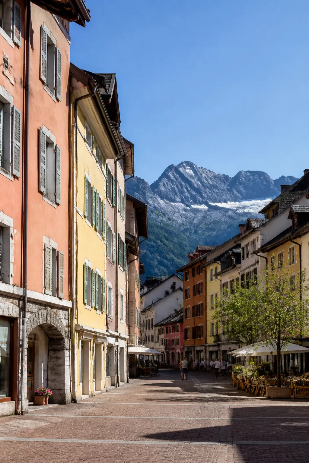 Immeubles anciens colorés dans une rue de centre-ville alpin