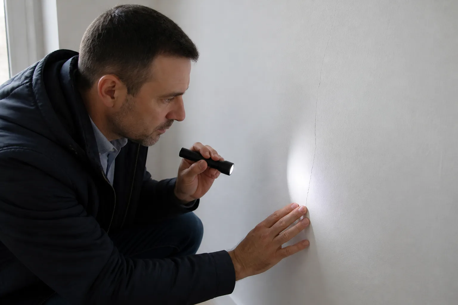 Expert observant une fissure sur un mur intérieur