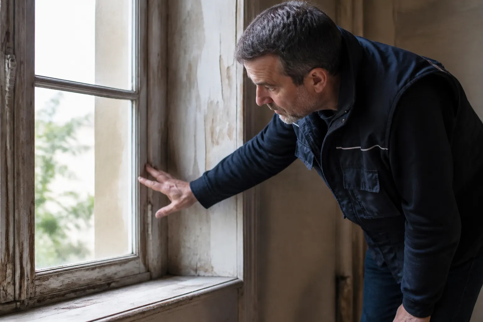 Expert en bâtiment examinant une menuiserie de fenêtre ancienne