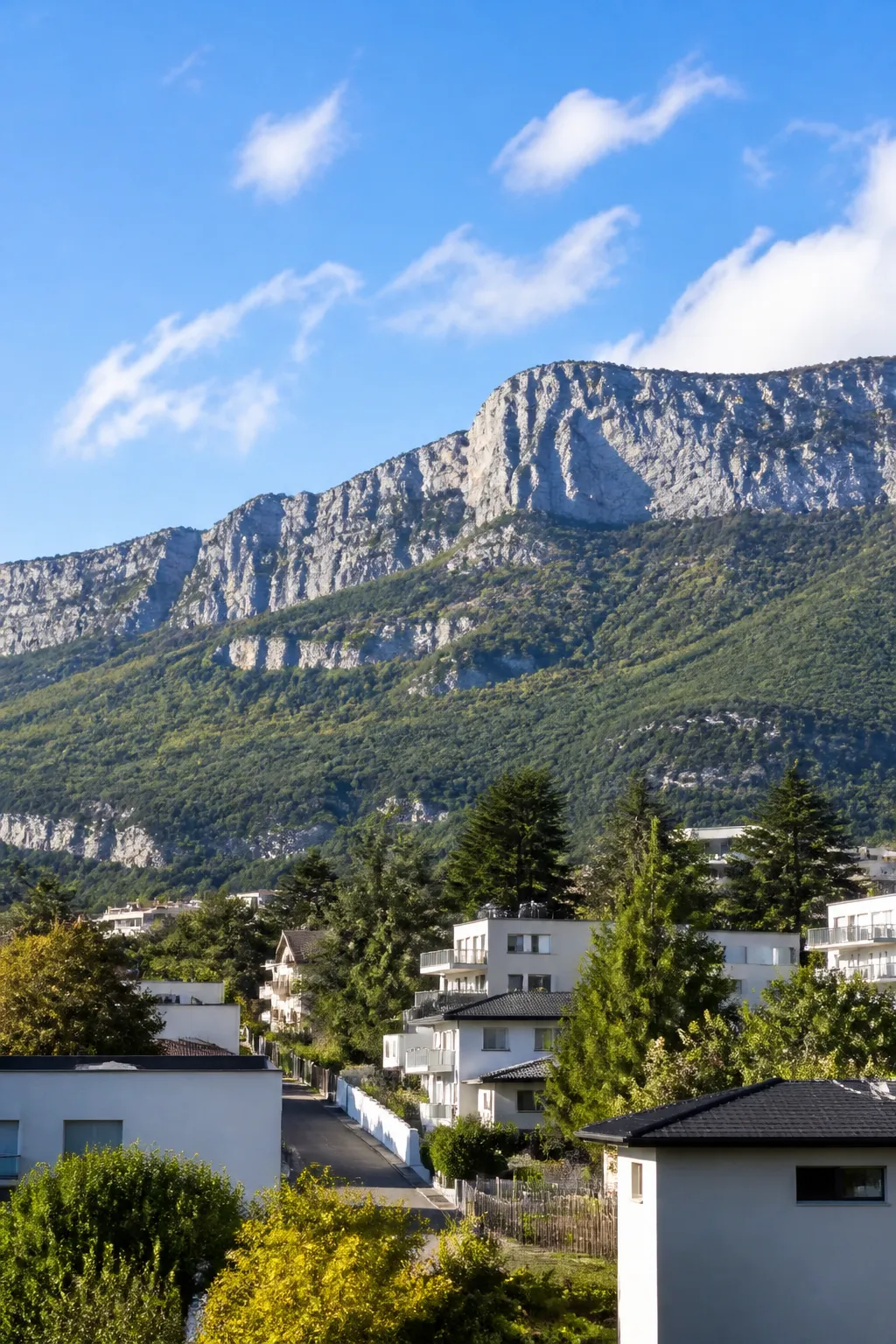 Quartier résidentiel de maisons et petits immeubles au pied d’une montagne