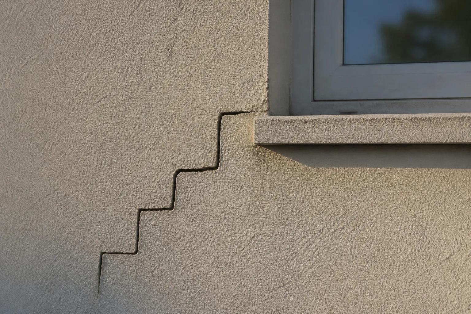Fissure en escalier sur un mur de maison en parpaings enduits