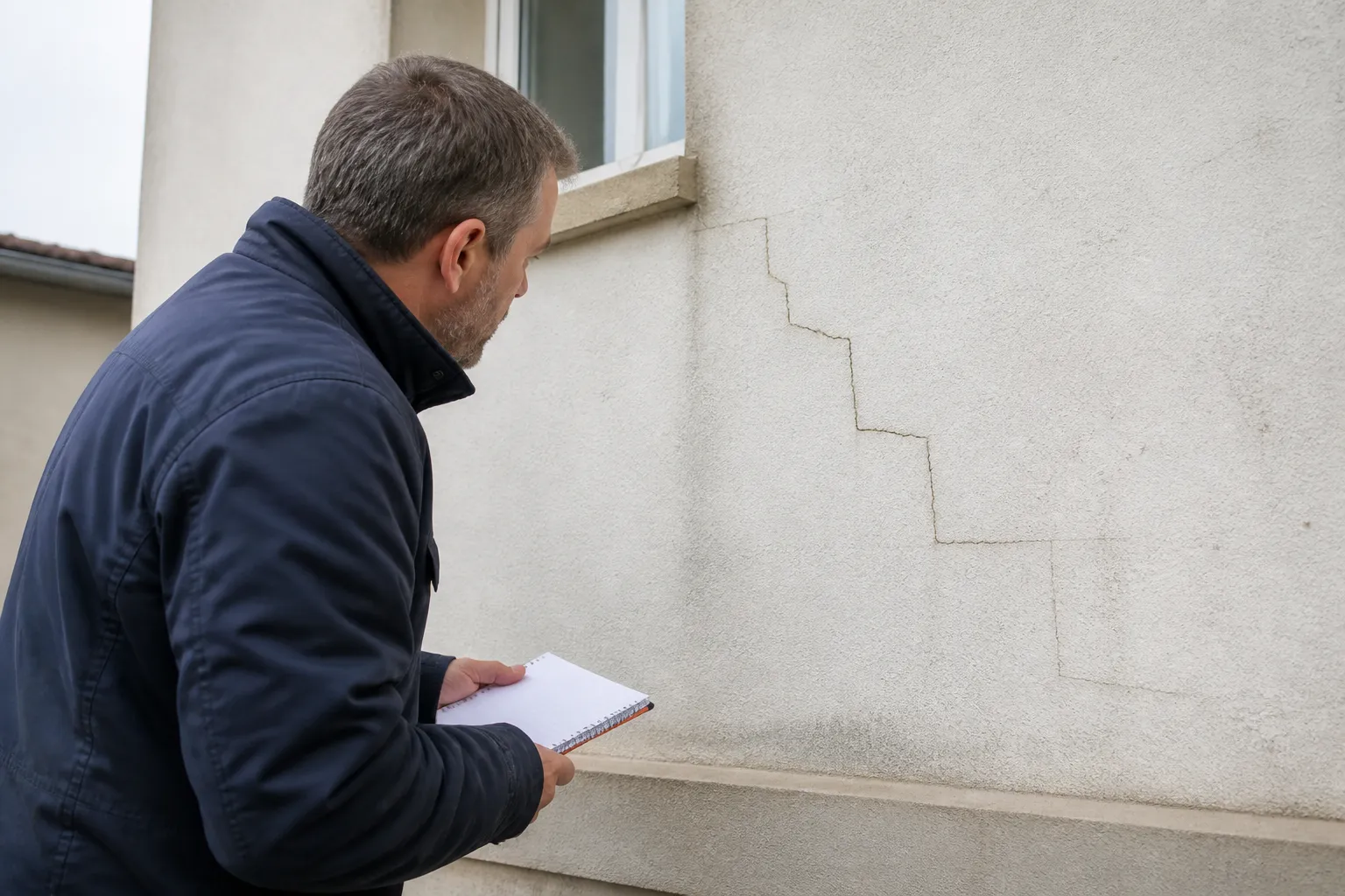 Expert en bâtiment observant une fissure sur une façade enduite