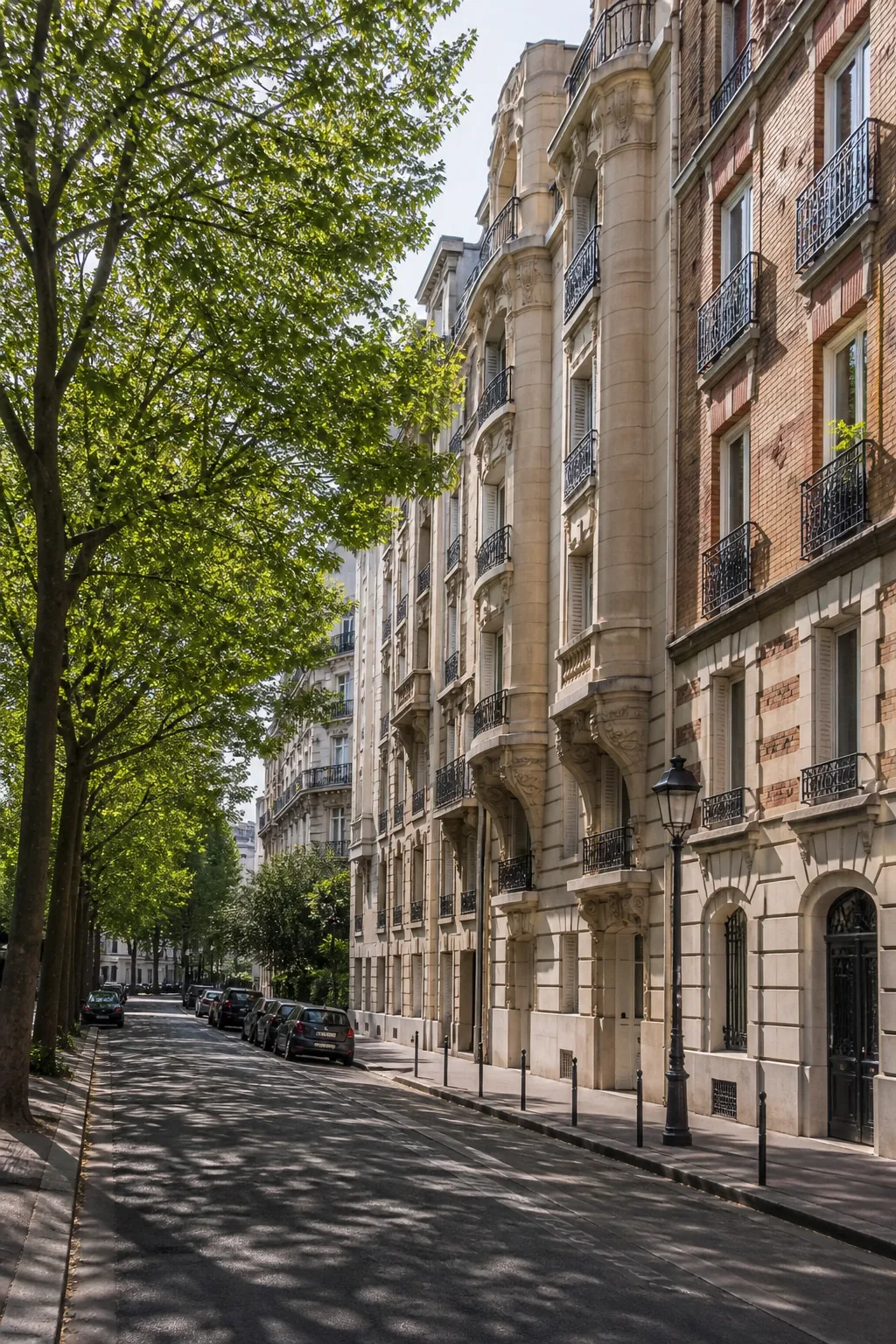Immeubles résidentiels parisiens de différentes époques dans une rue arborée