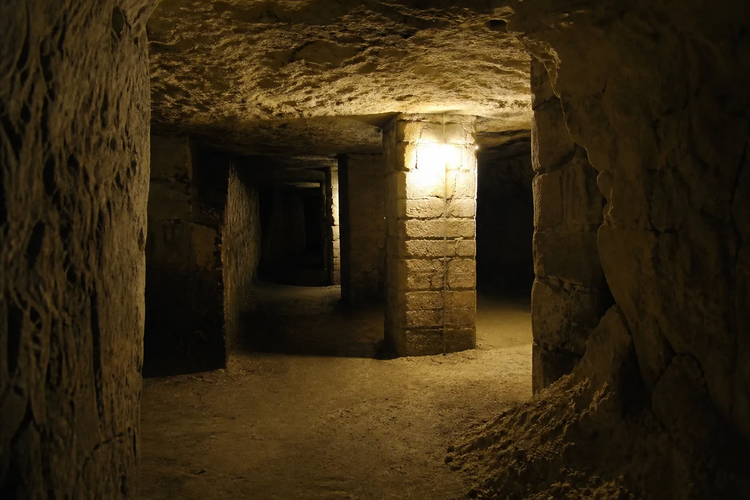 Galerie souterraine ancienne en pierre calcaire consolidée