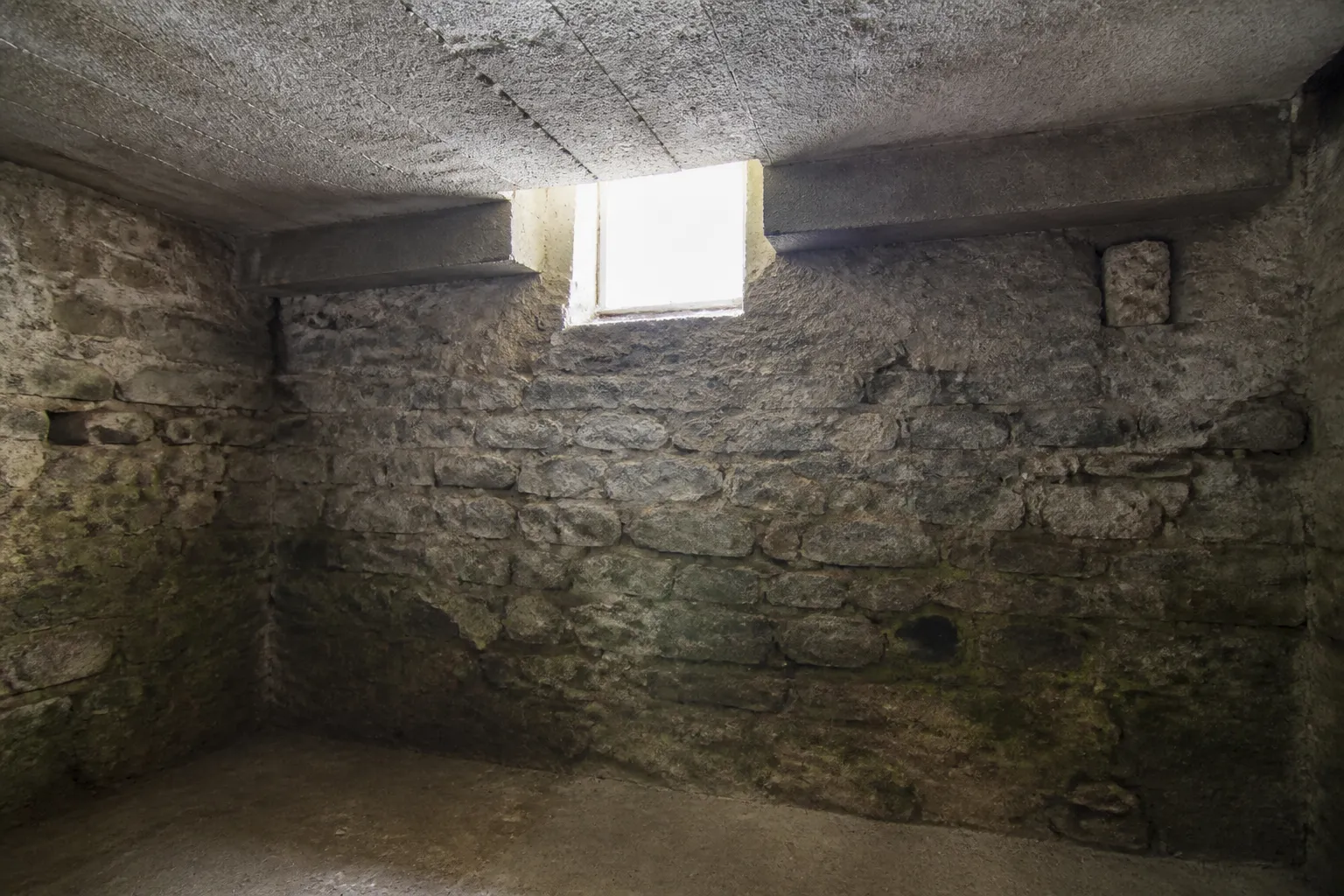 Cave d’immeuble avec mur humide et soupirail