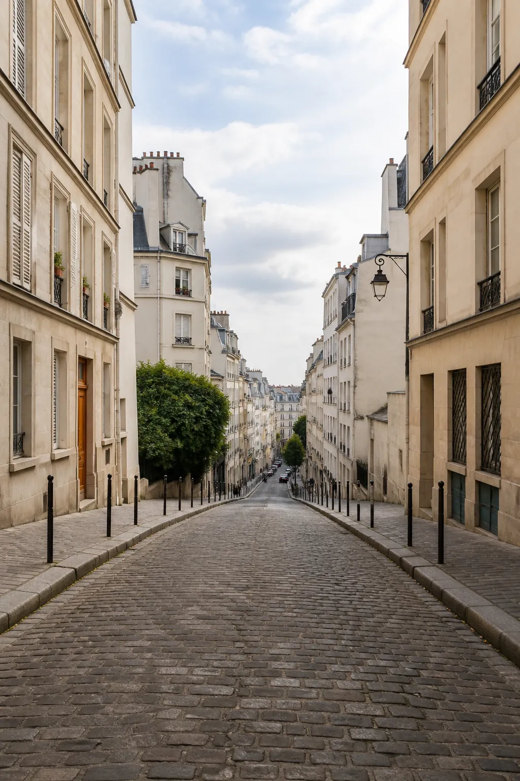 Rue en pente bordée d’immeubles anciens à Paris